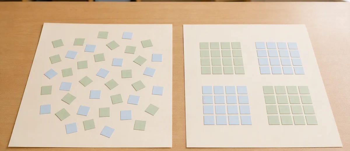 Two sheets compare scattered pale blue and sage squares with the same colors arranged in grids.