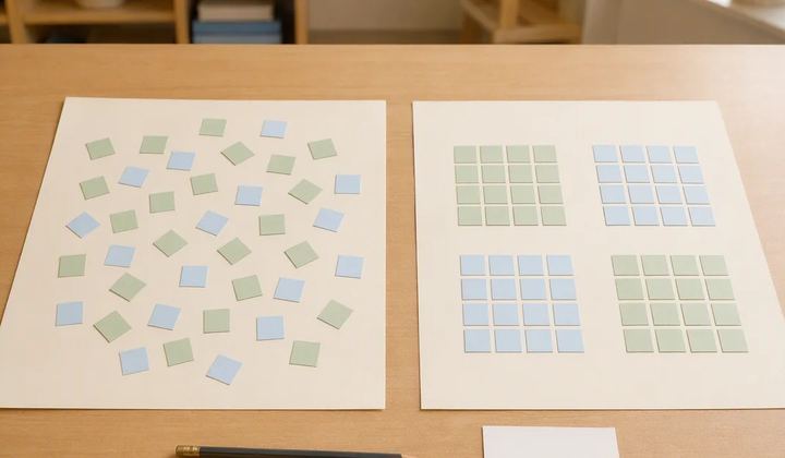 Two sheets compare scattered pale blue and sage squares with the same colors arranged in grids.