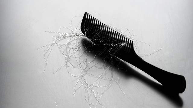 Black comb on a gray surface with loose strands of shed hair
