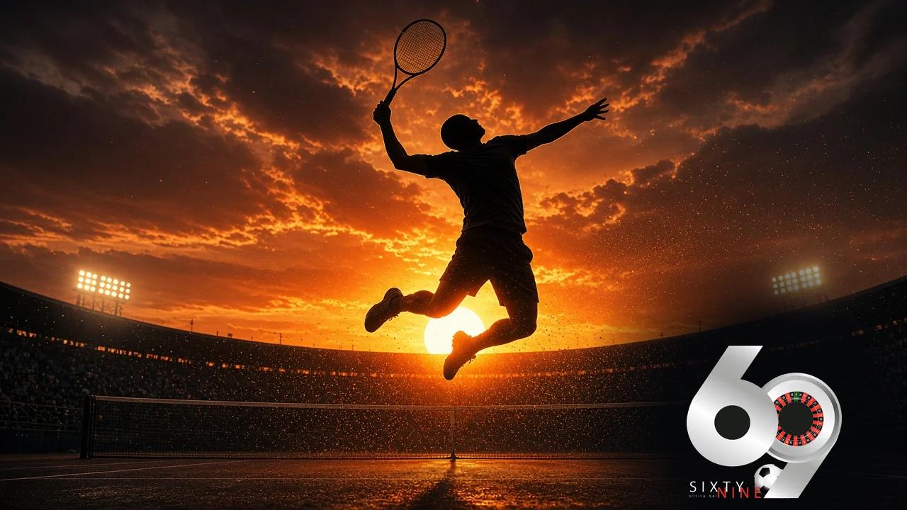 سیلوئت بازیکن تنیس در حال اسمَش مقابل غروب در استادیوم