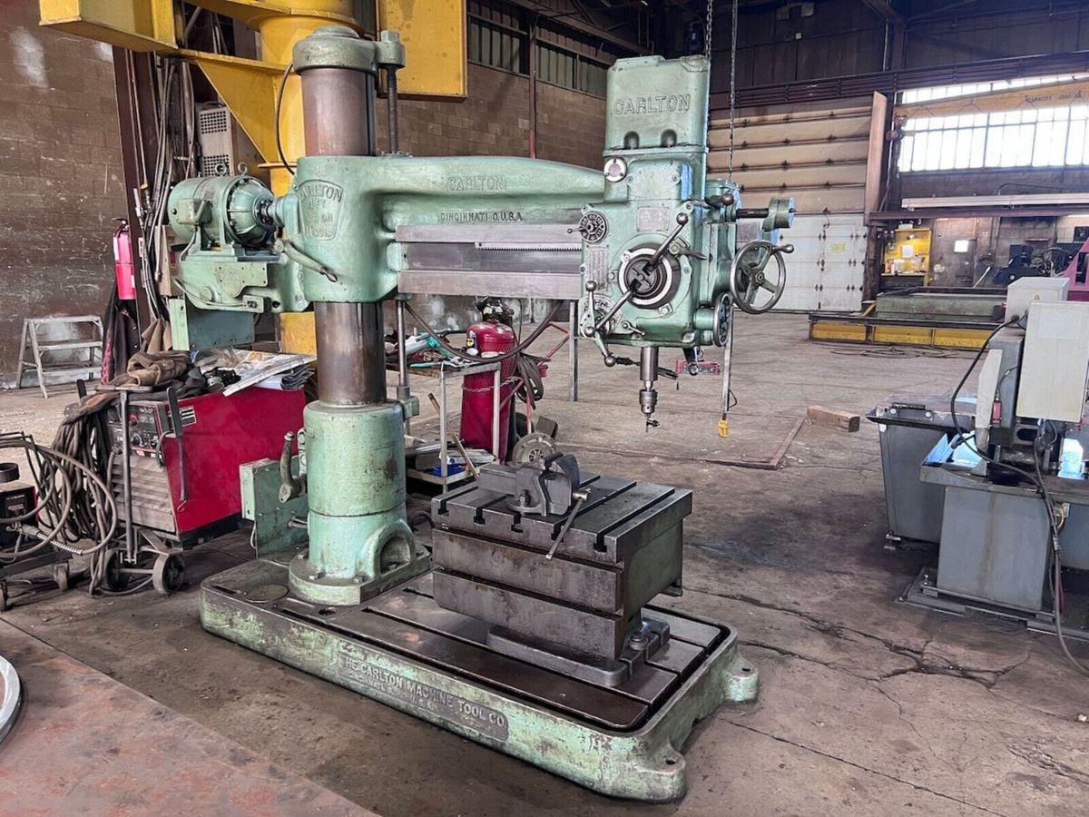 4' x 11" Radial Drill, Carlton, power elevation & clamp. Tilting Box Table