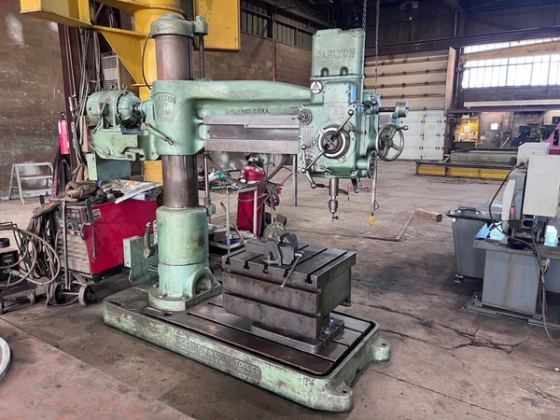 4' x 11" Radial Drill, Carlton, power elevation & clamp. Tilting Box Table