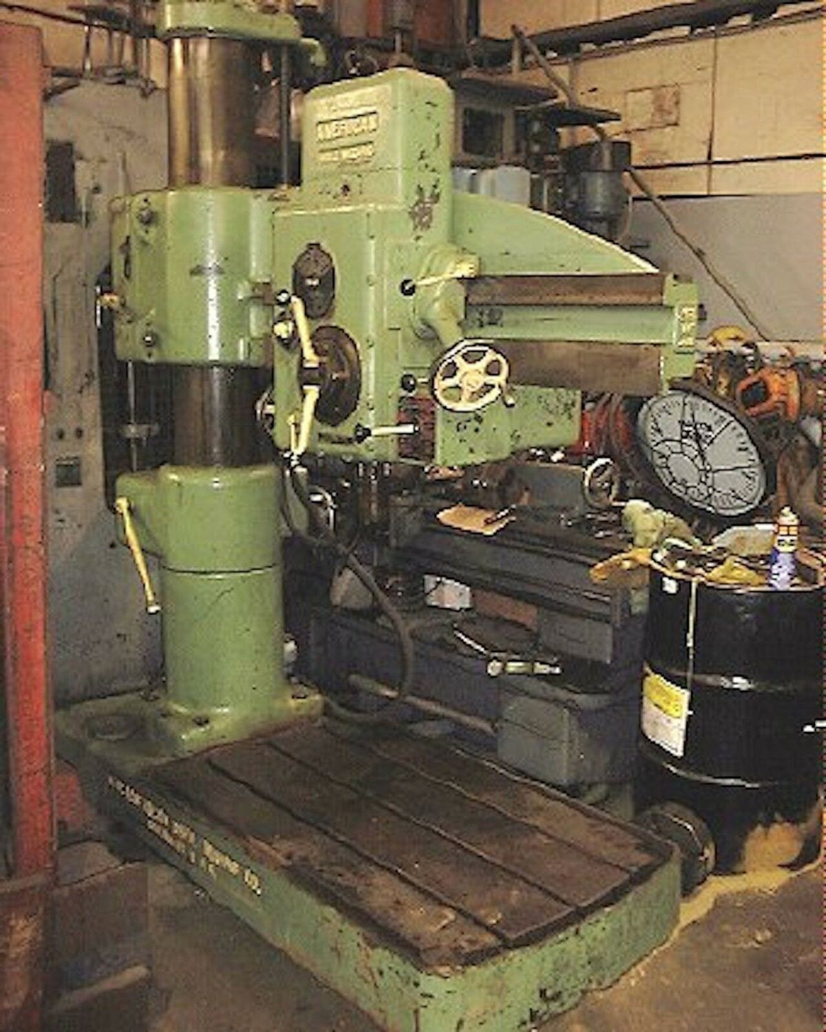 4' x 11" Radial Drill, col. American Hole Wizard w/ Box Table, 18" deep