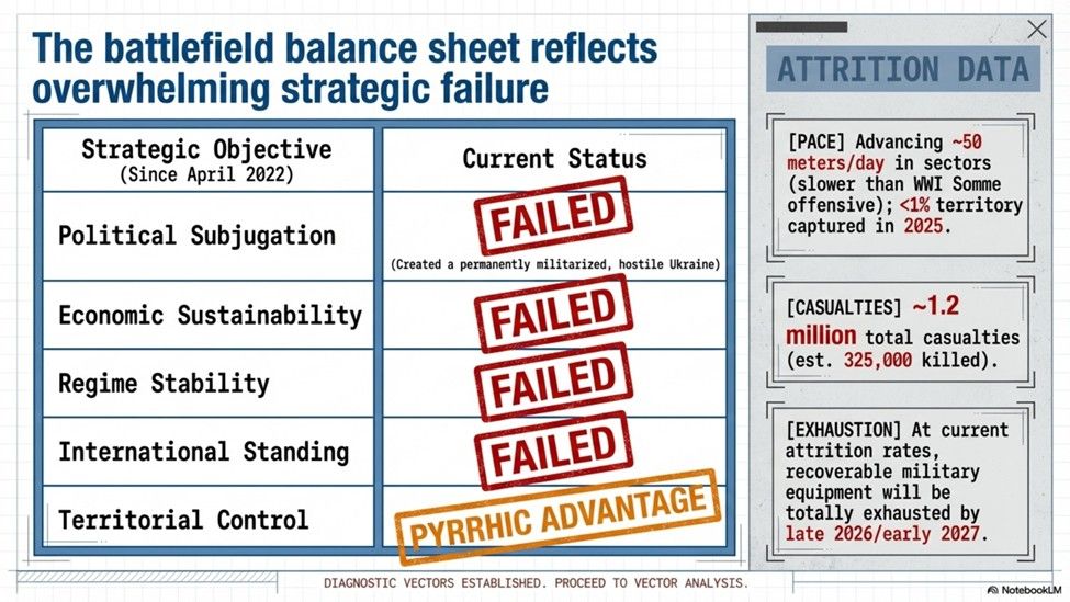 The battlefield balance sheet reflects overwhelming strategic failure