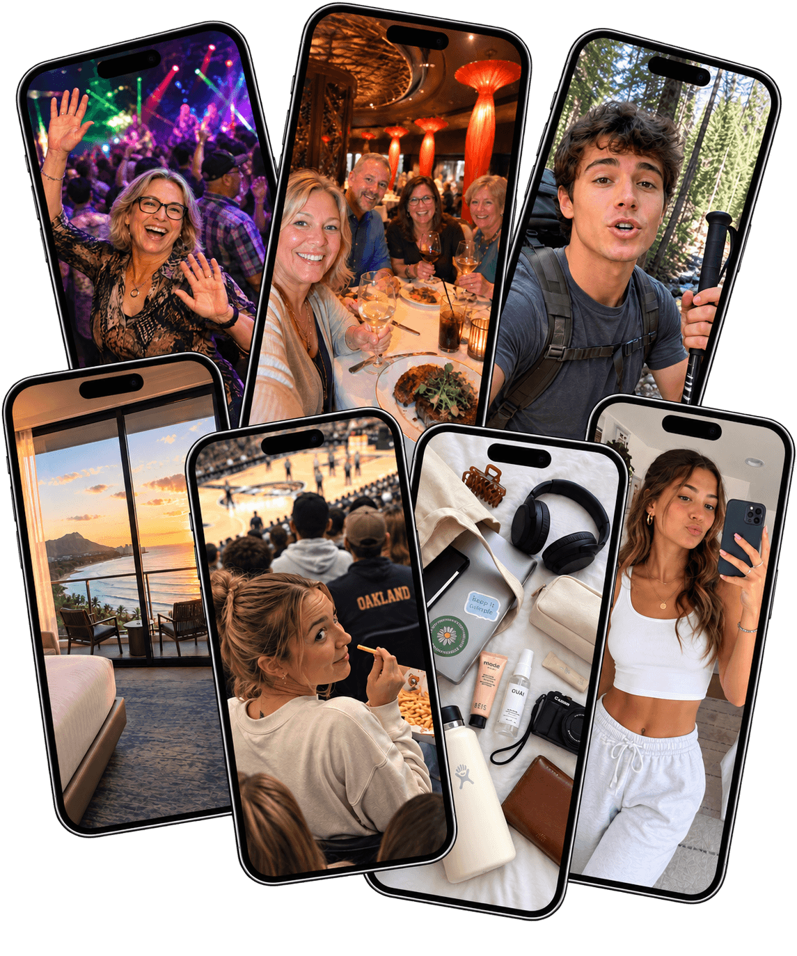 Phones showing fans sharing moments: game day, a concert, a hike, a sunset paddle