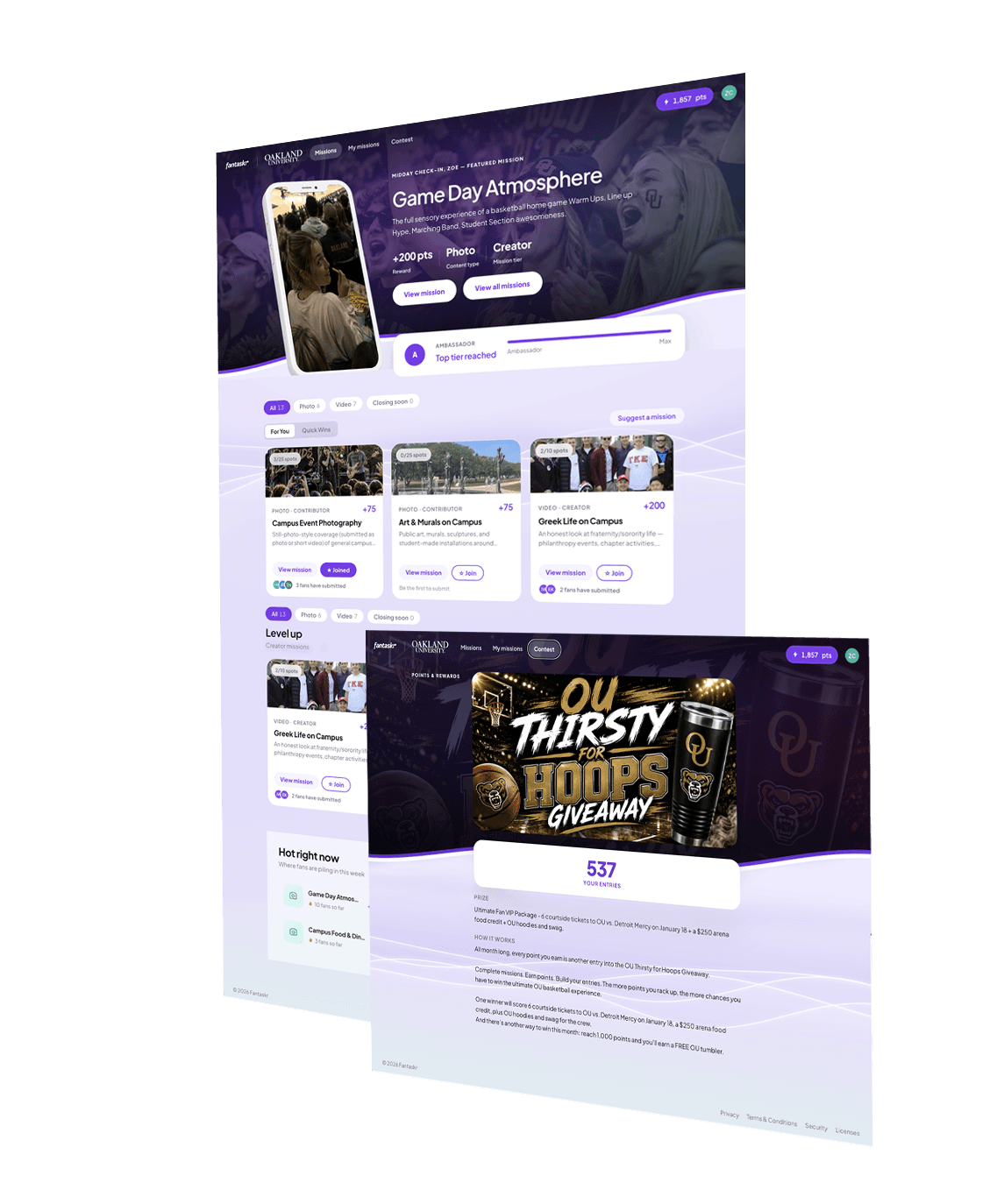The Fantaskr fan portal: a featured Game Day Atmosphere mission and a giveaway contest page
