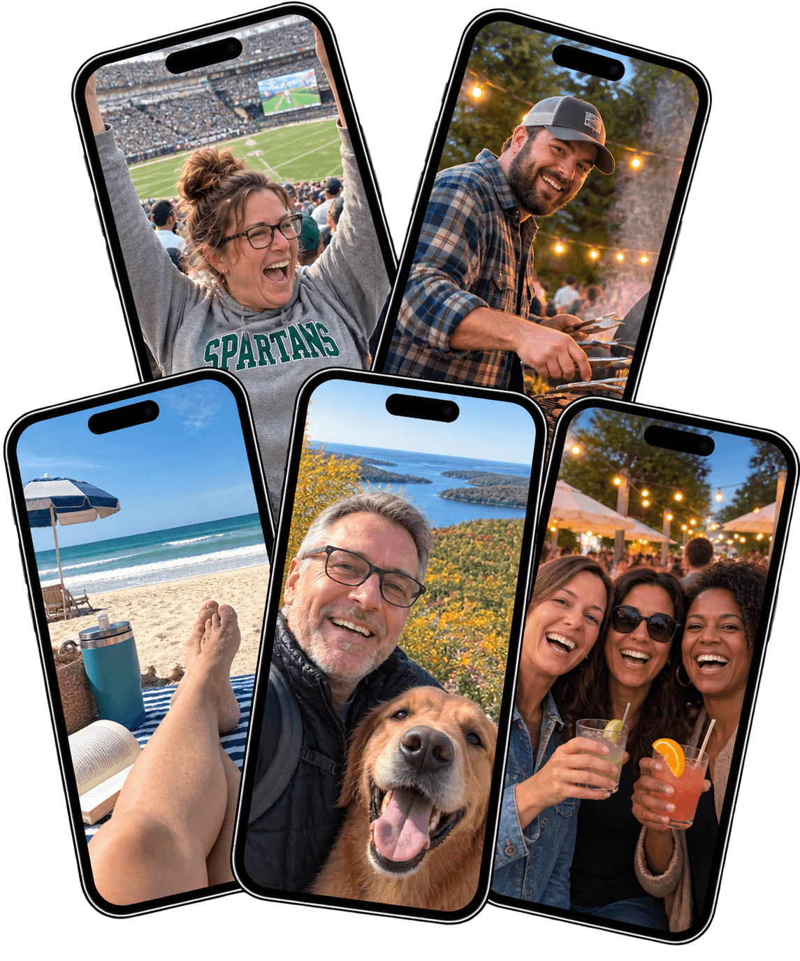 Phones showing fans at a game, a cookout, a beach, a hike with a dog, and drinks with friends