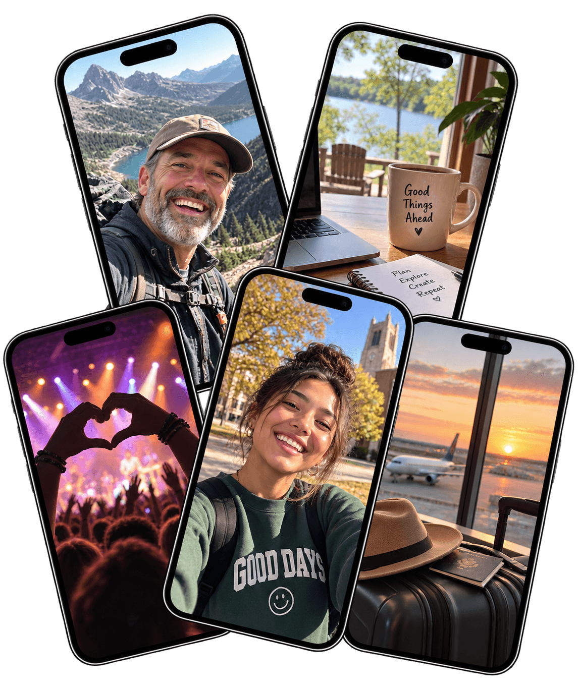 Phones showing fan photos: a hike, a concert, a sunset, a hometown crowd