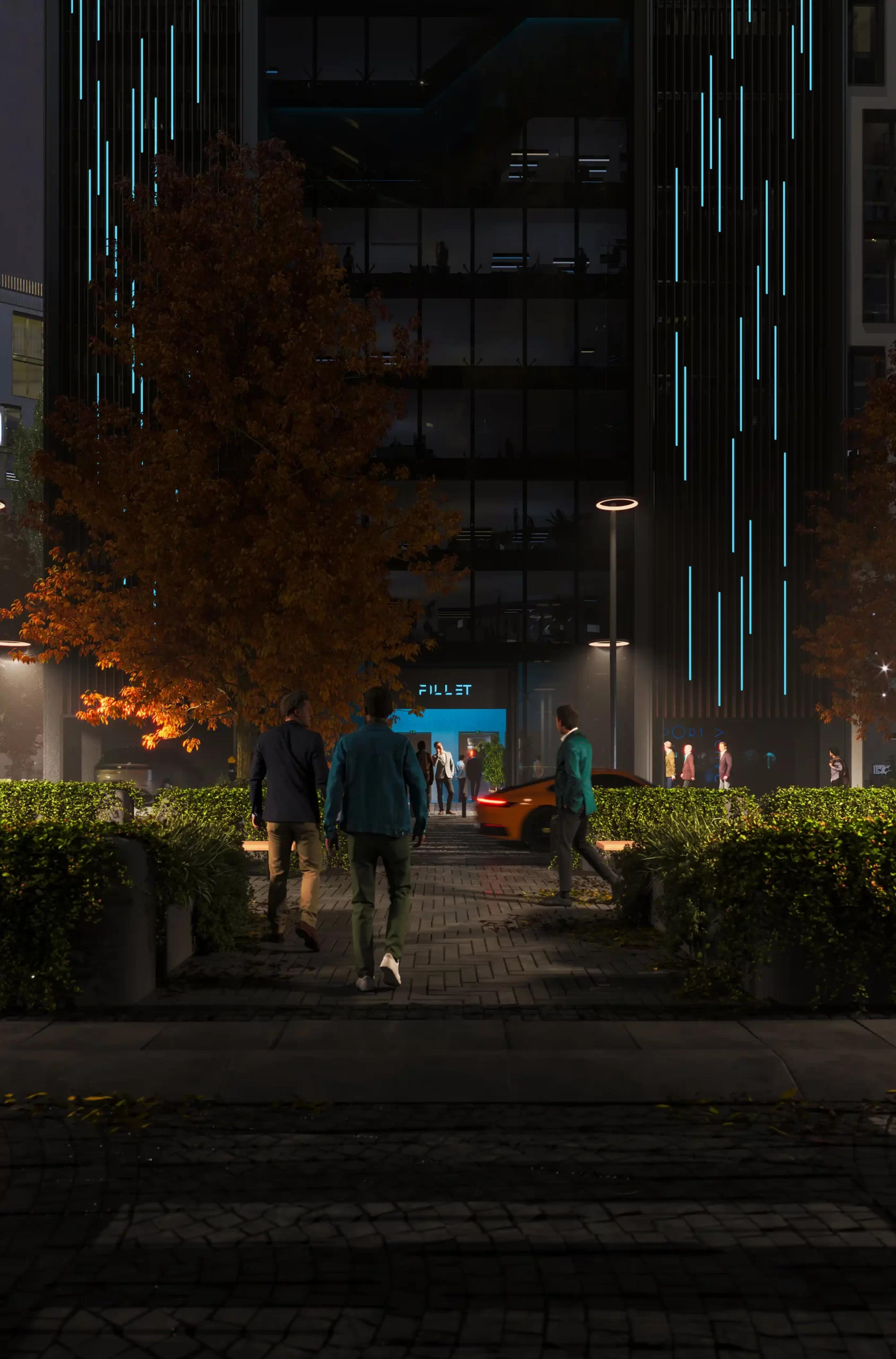 Modern hotel exterior night view by fillet studio