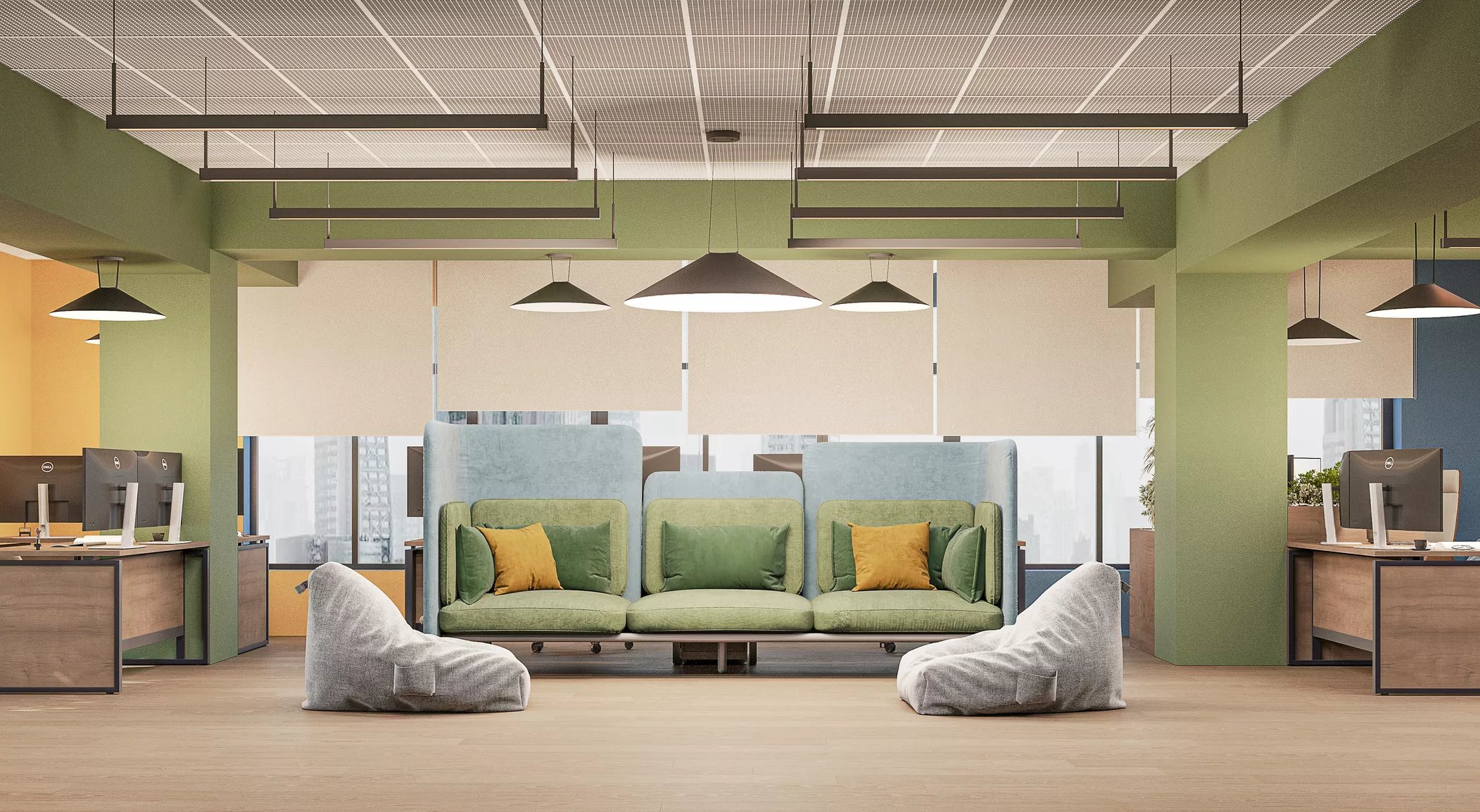 Office rest zone with a green sofa and bean bags - EMIS IT office, Tbilisi