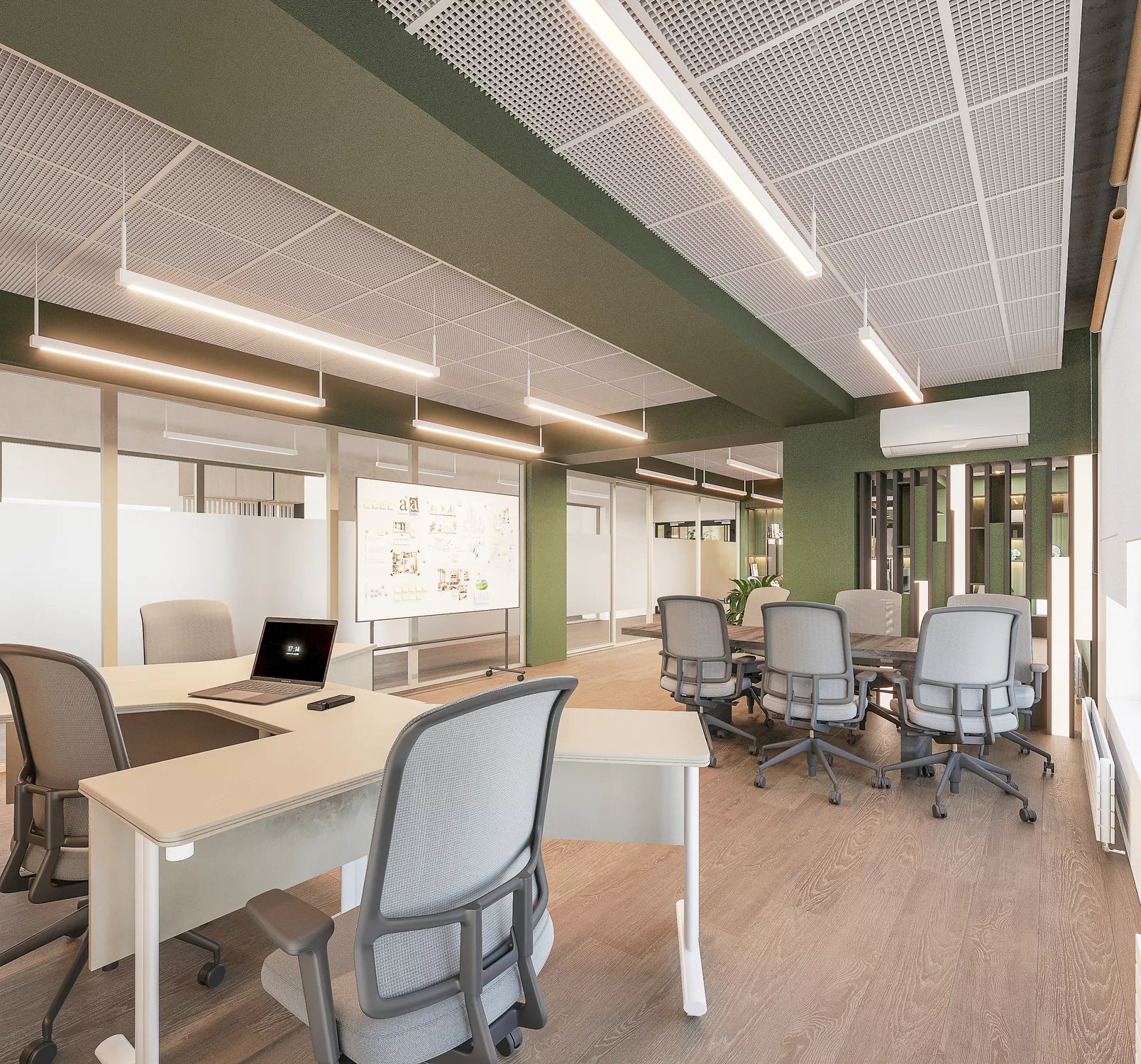 Workstations with a presentation board and a meeting corner - office zoning, EMIS
