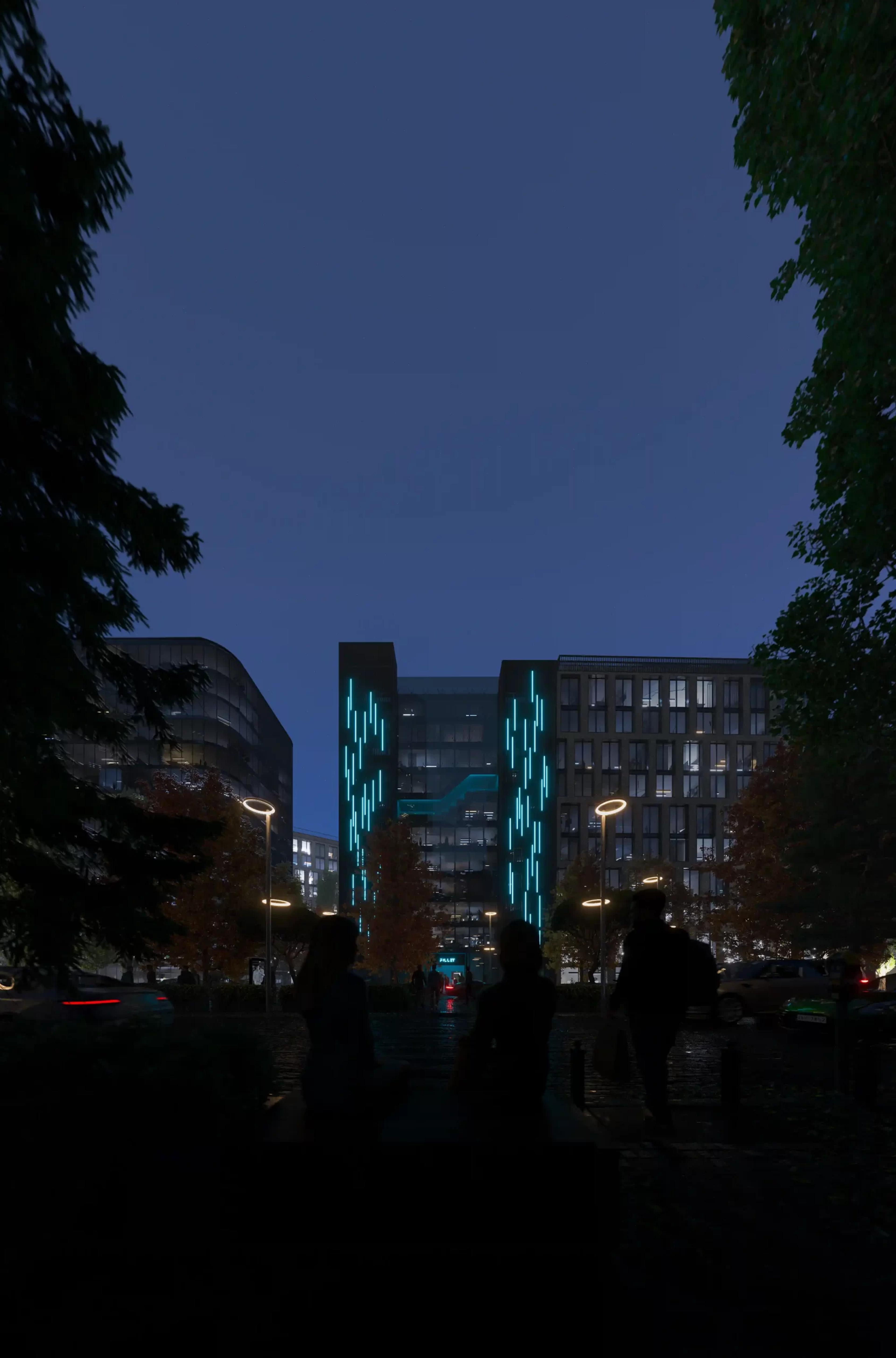 futuristic hotel architecture night by fillet studio