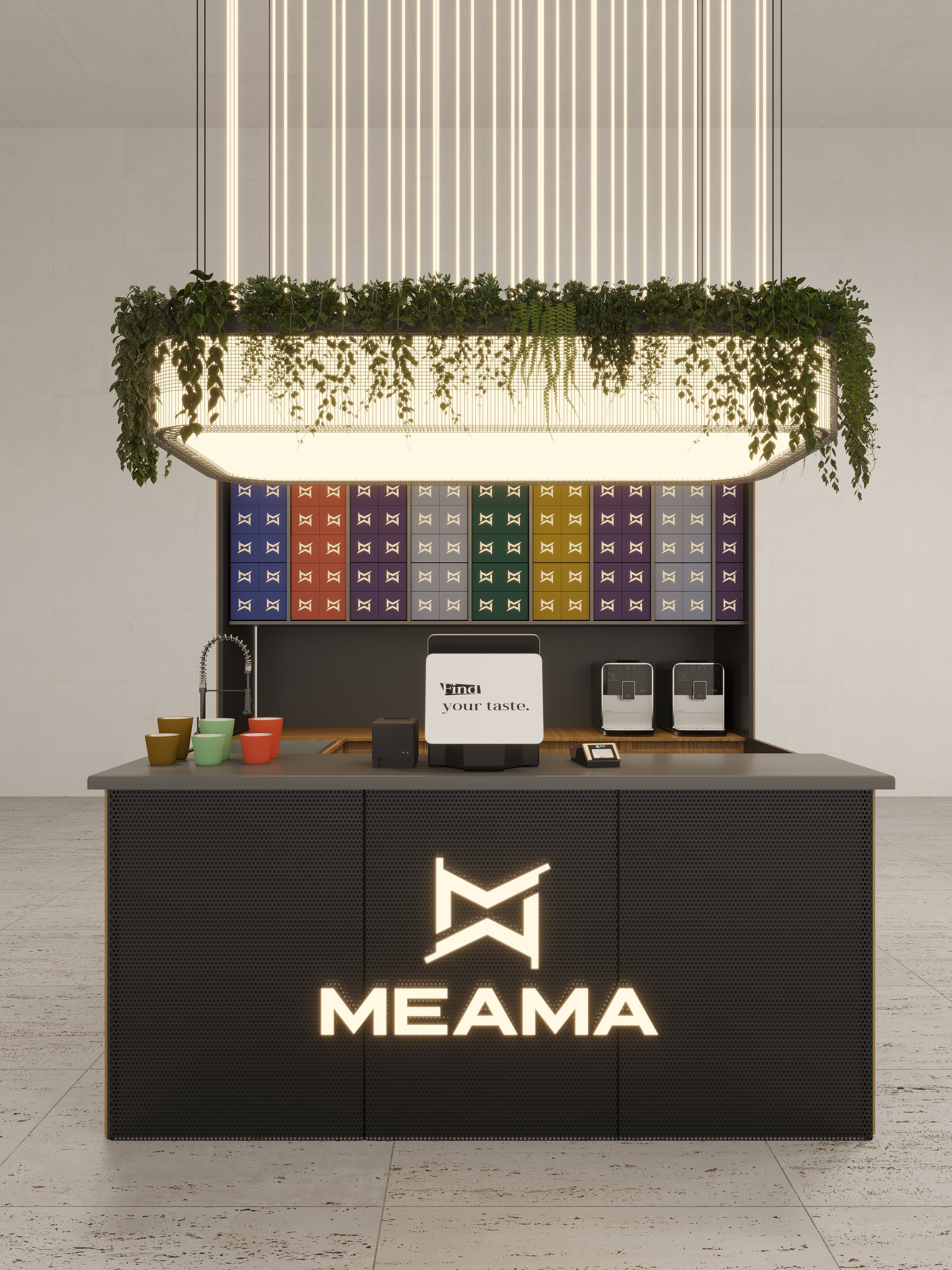 Commercial design of a Meama coffee kiosk in a shopping mall