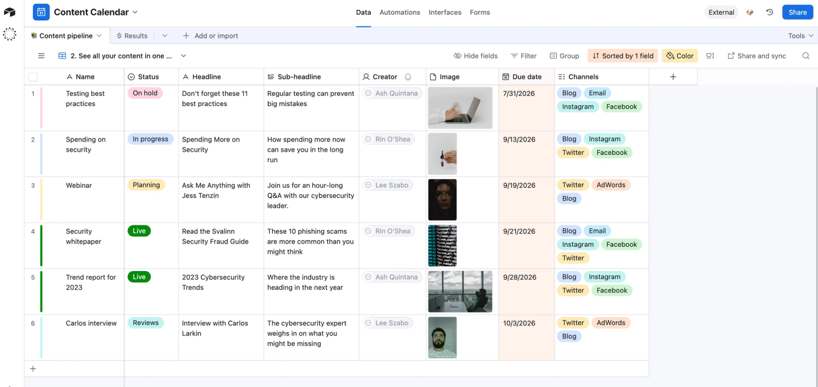 Content calendar template
