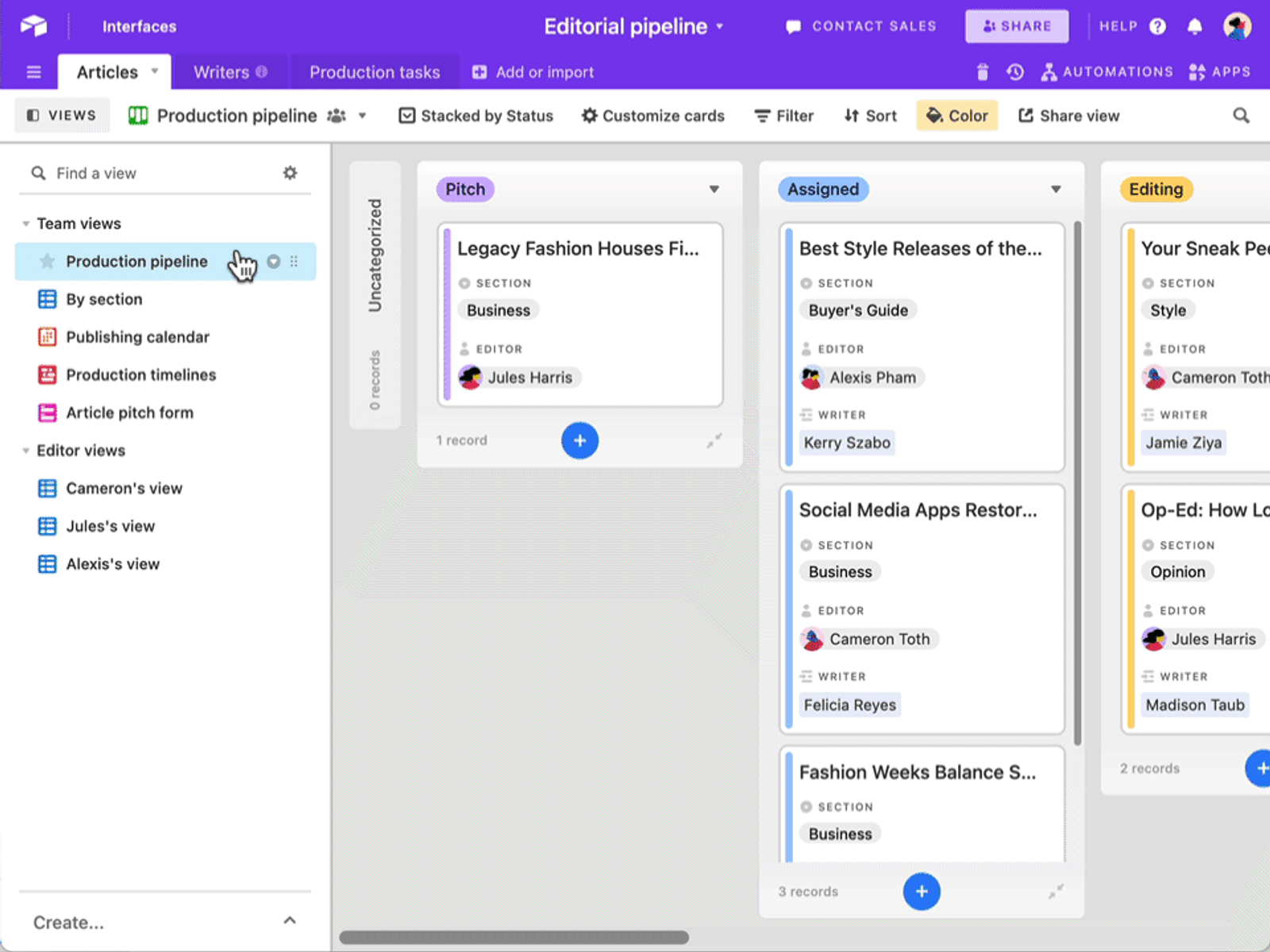 GIF: Toggling between views in the editorial pipeline base