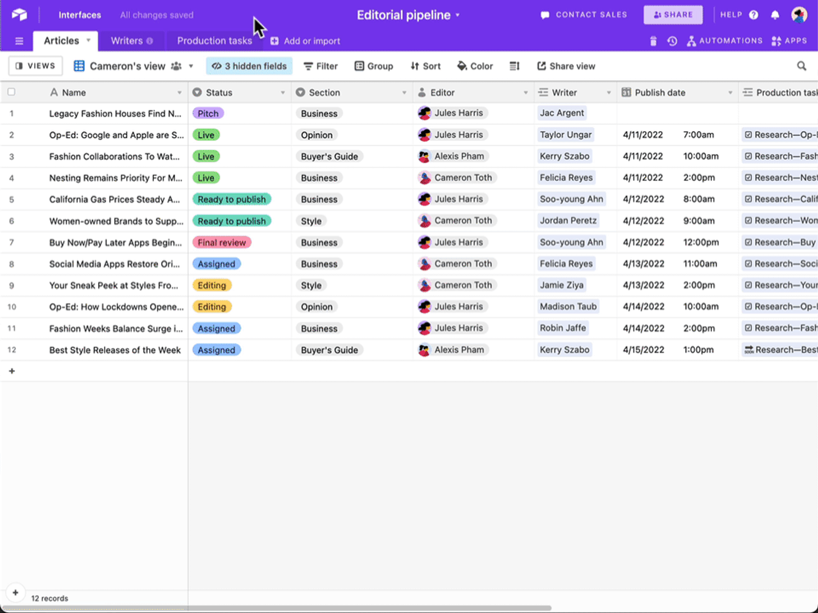 GIF: hide fields in articles table → create new view, hide 4 fields