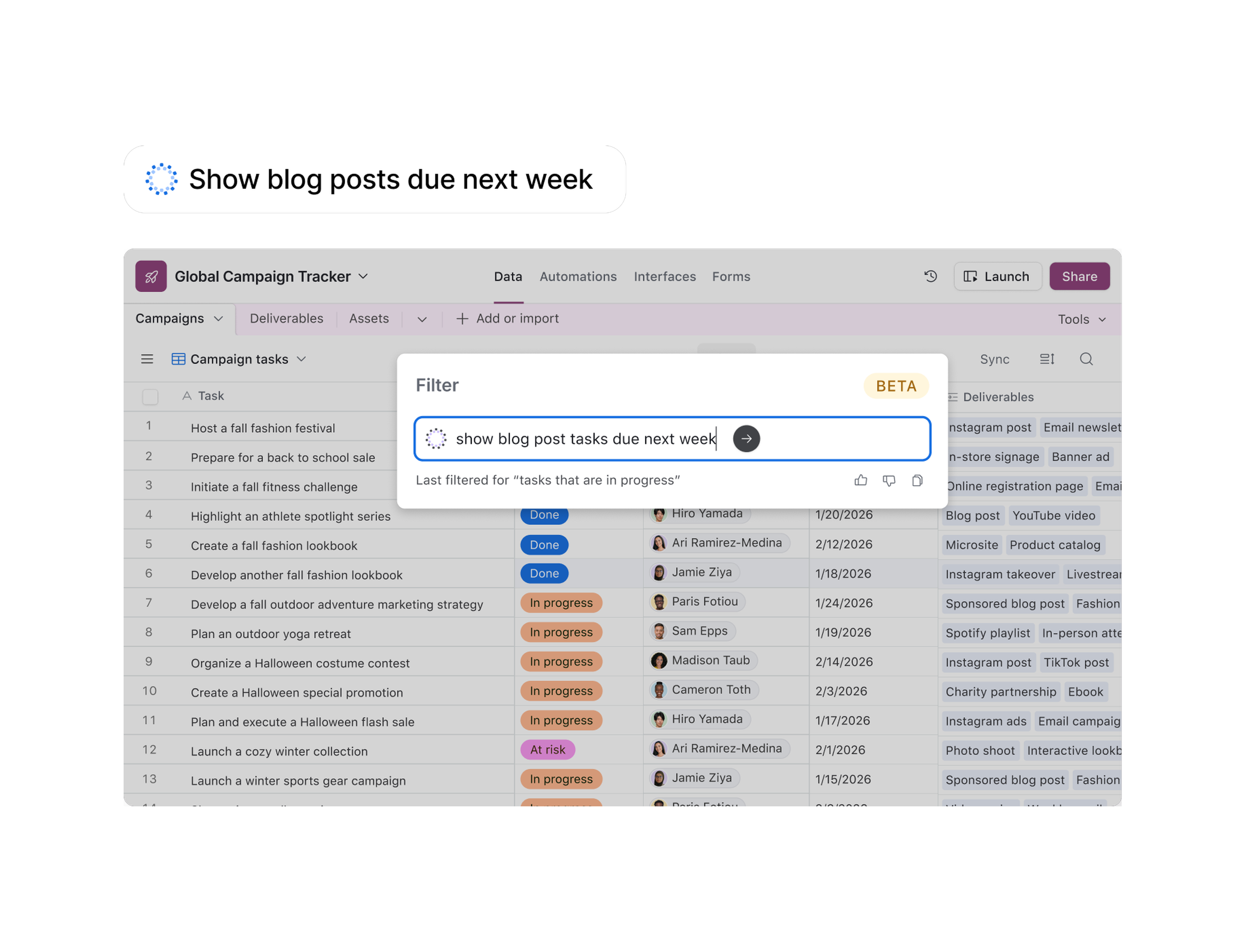Natural-language filter over a Global Campaign Tracker table on a magenta patterned background