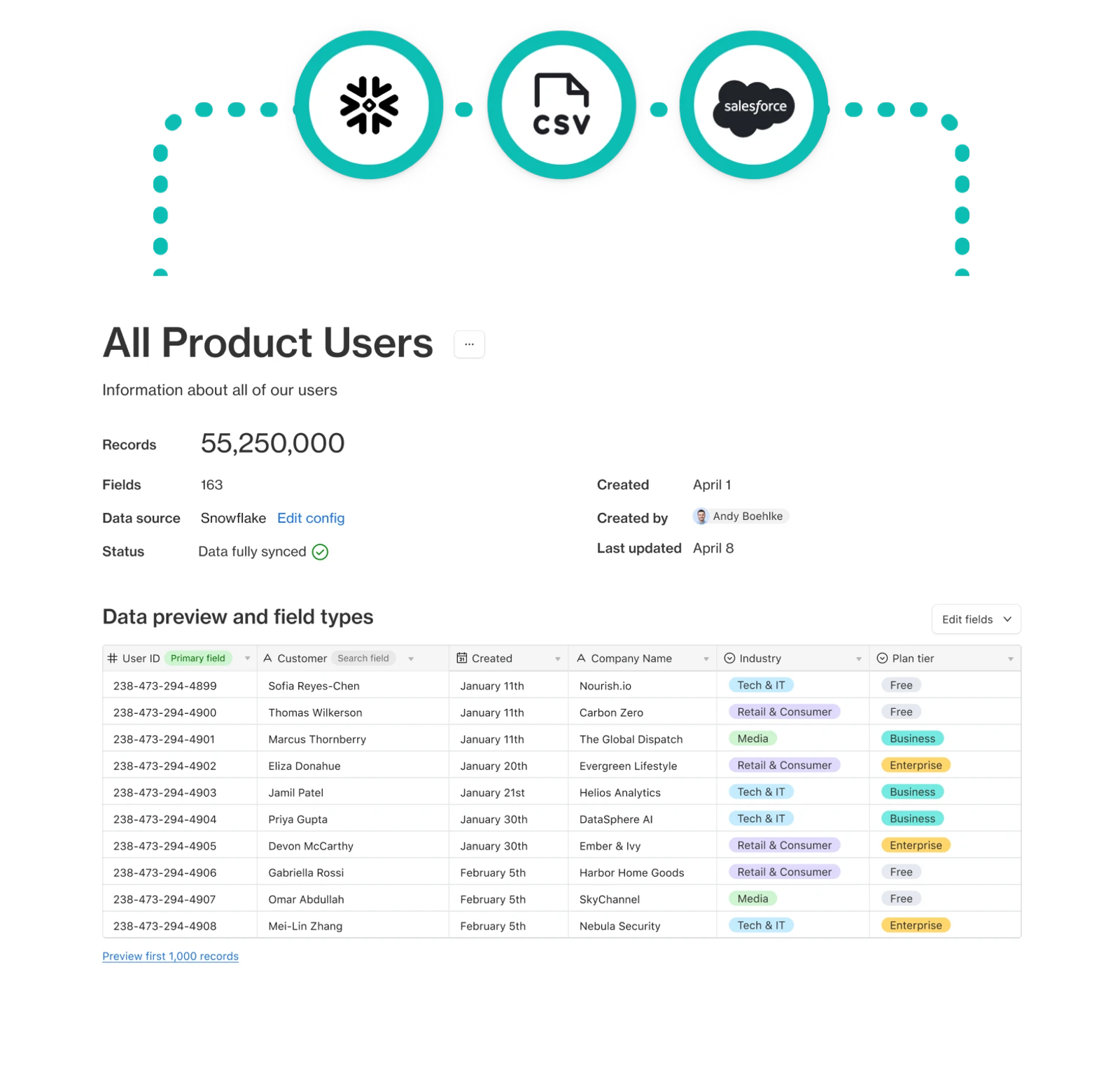 User data dashboard showing 55M records synced from Snowflake to Salesforce, with a table of customers, industries, & plans.