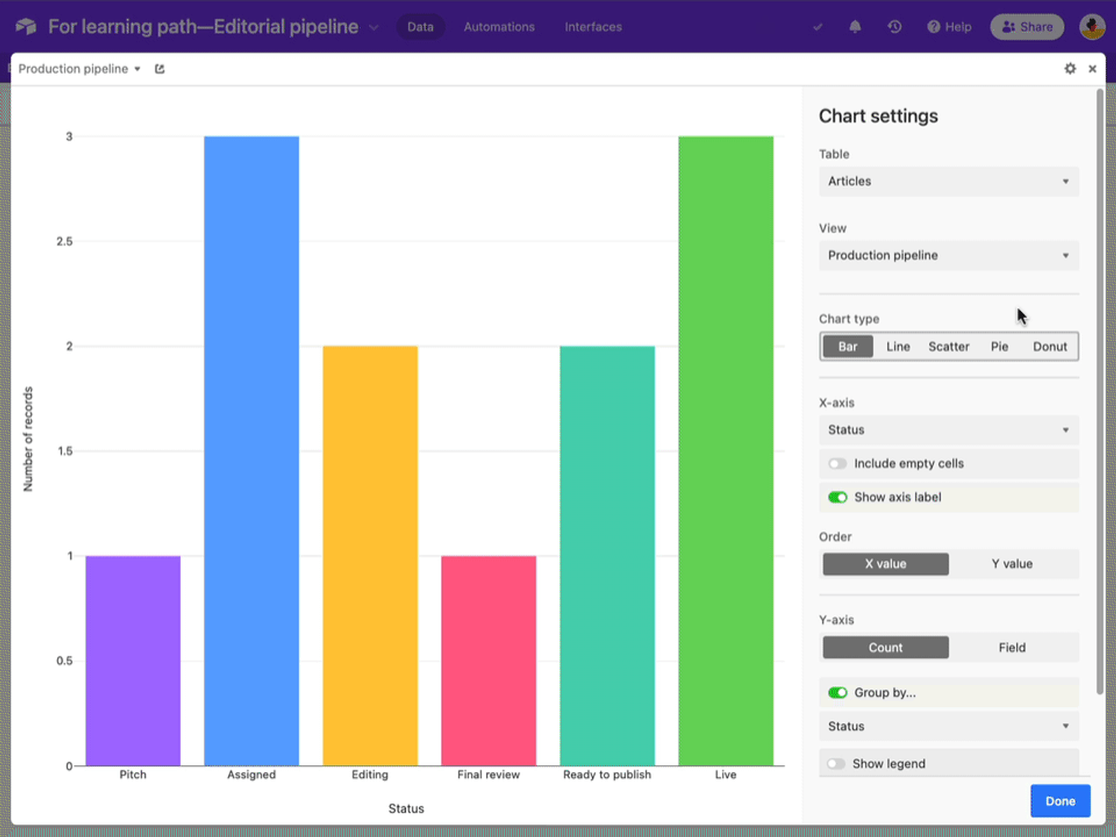 GIF: Adjusting bar settings (Toggle between Pie and Bar chart) (FILLER)