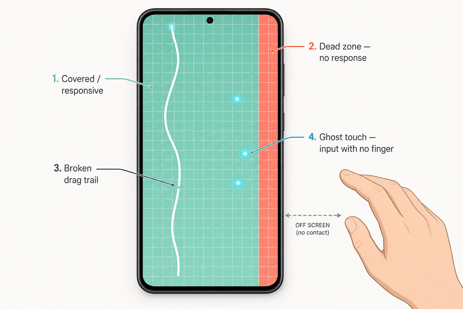 Touch screen test result diagram on a phone: a teal covered and responsive area, a red dead zone that gives no response, a broken white drag trail, and glowing ghost-touch dots appearing while a hand is held off the screen.