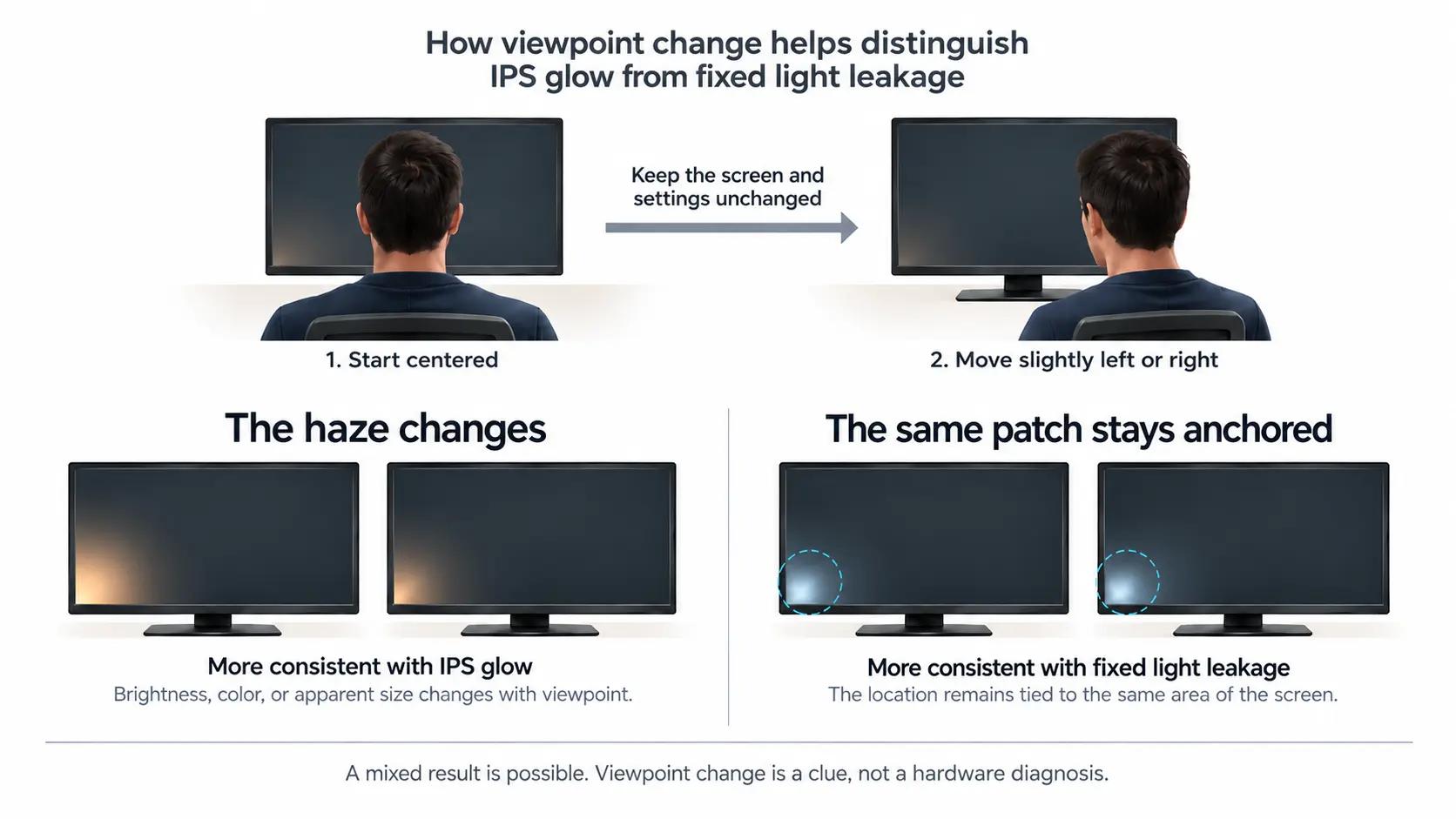 Illustration showing a viewer moving sideways while angle-dependent corner haze changes and a fixed edge-light patch remains in the same screen location.