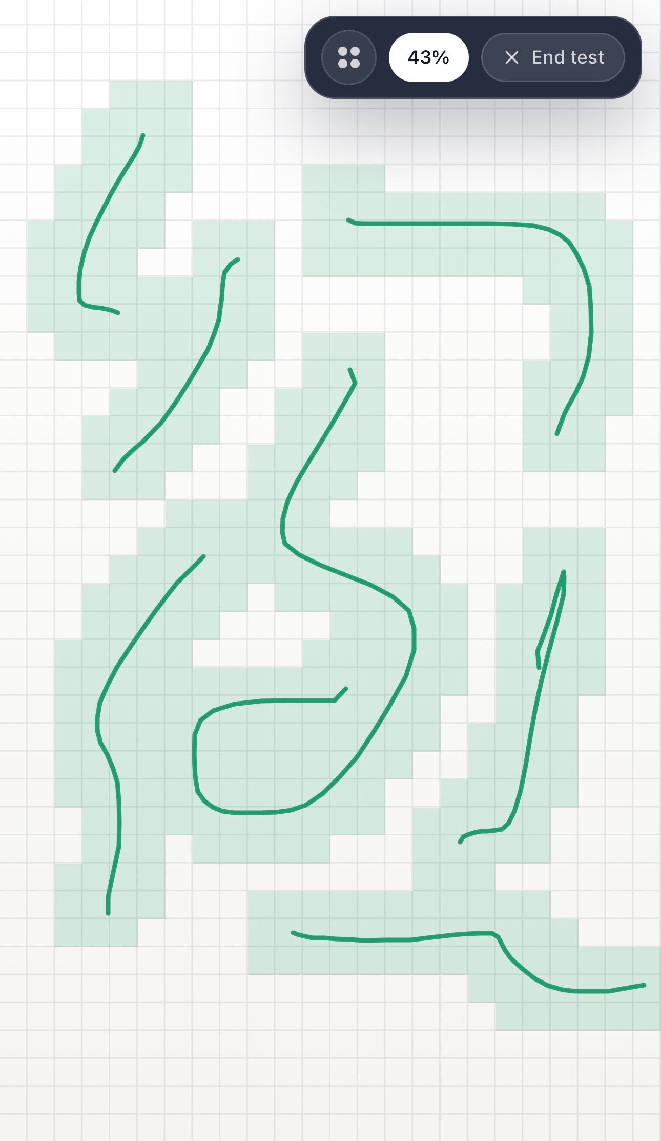 Touch screen test first pass showing green drag paths and covered cells across a touchscreen grid at 43 percent coverage.