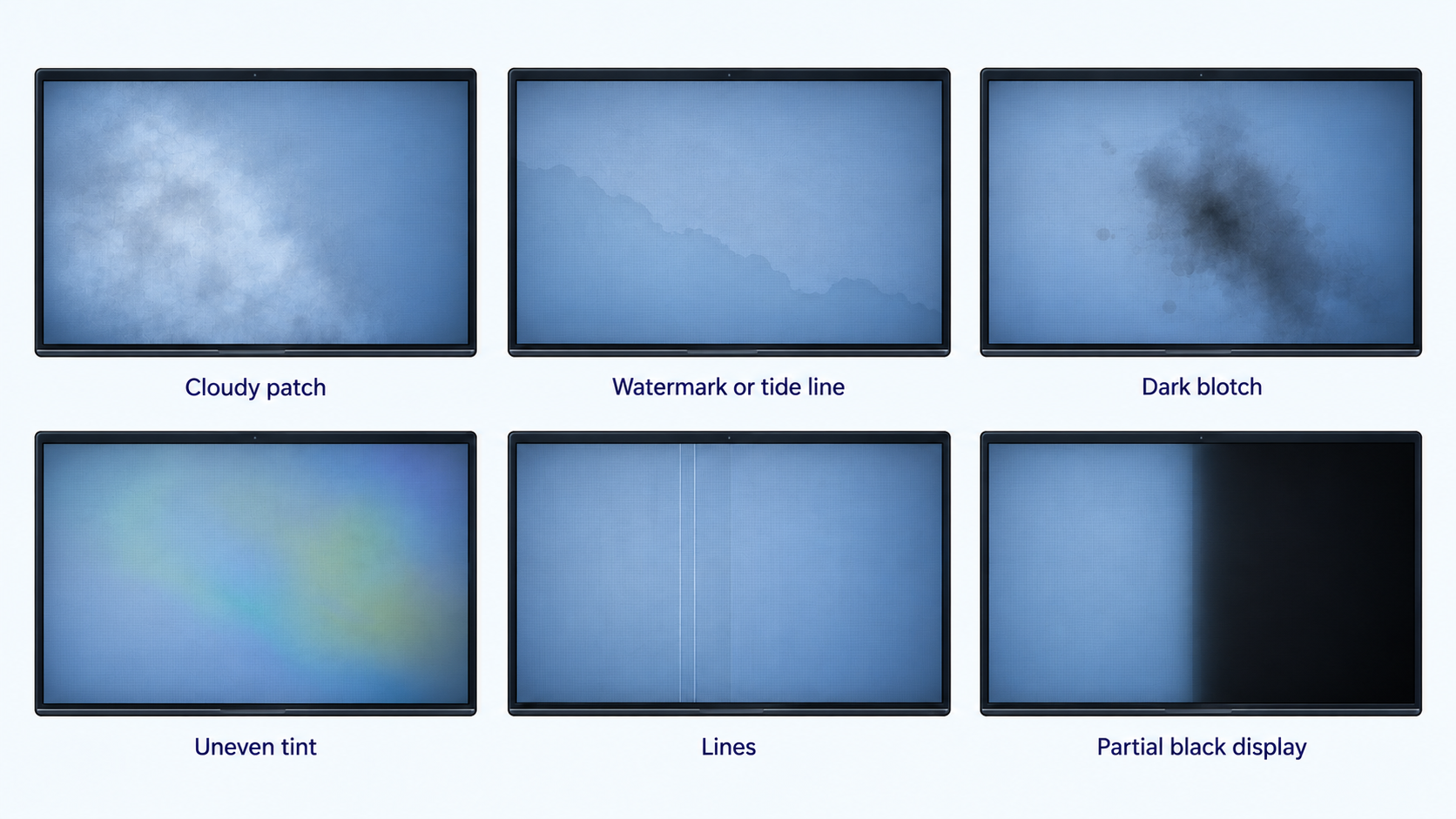 Annotated laptop display patterns that can follow possible liquid exposure, including a cloudy patch, watermark, dark blotch, uneven tint, and flicker