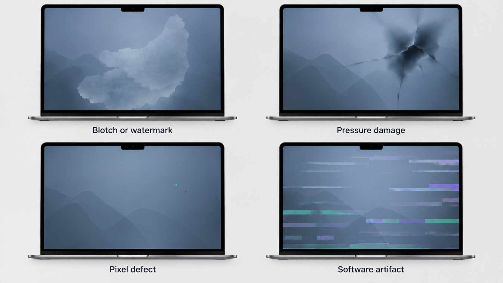 Comparison of possible liquid-exposure, pressure-damage, and fixed-pixel display patterns on a MacBook