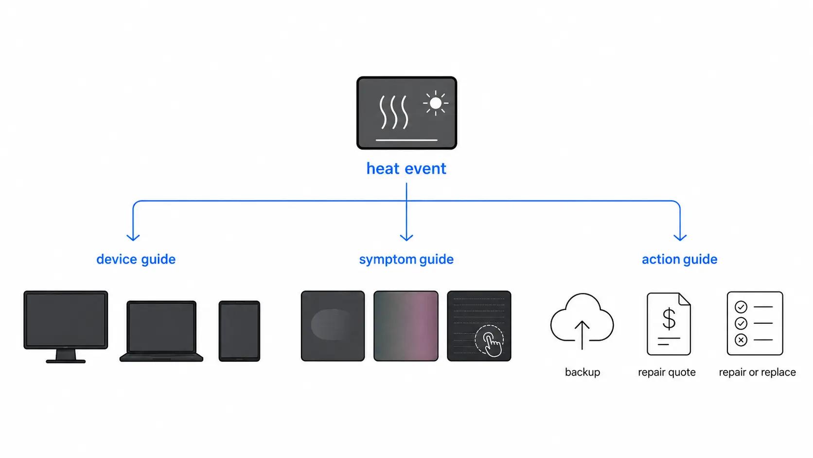 Illustration showing screen heat damage paths for monitor, laptop, tablet or phone, symptom checks, and action options.