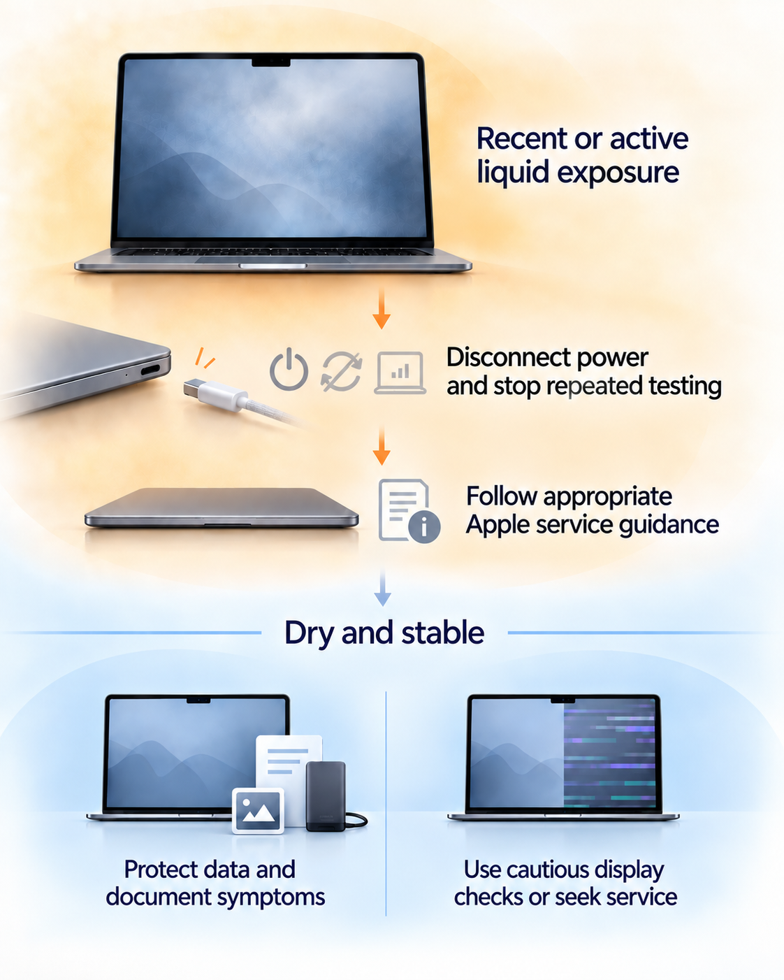 Decision flow for a MacBook with possible liquid exposure, from active moisture to dry stable use and service
