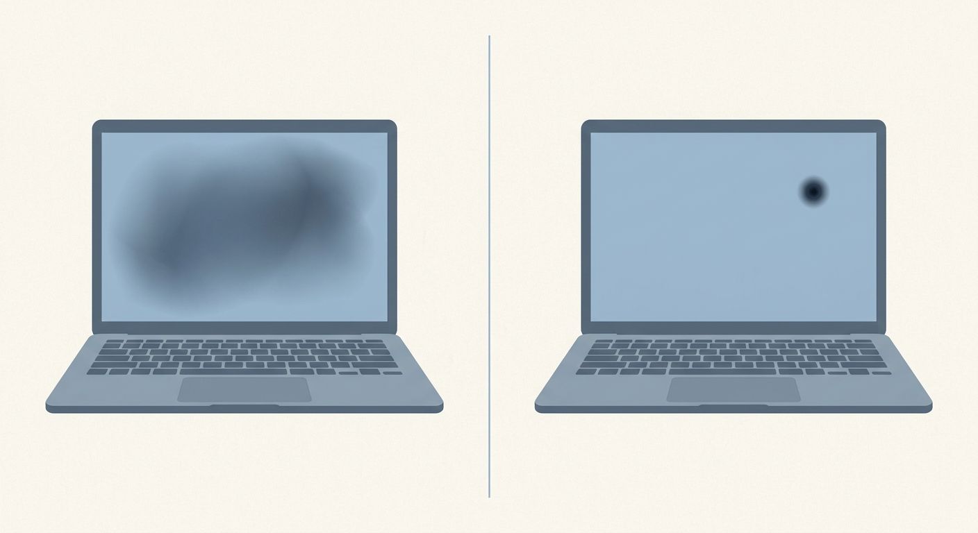 Two-panel diagram comparing broad bag-compression bruising across a display with a small concentrated pressure point from an object