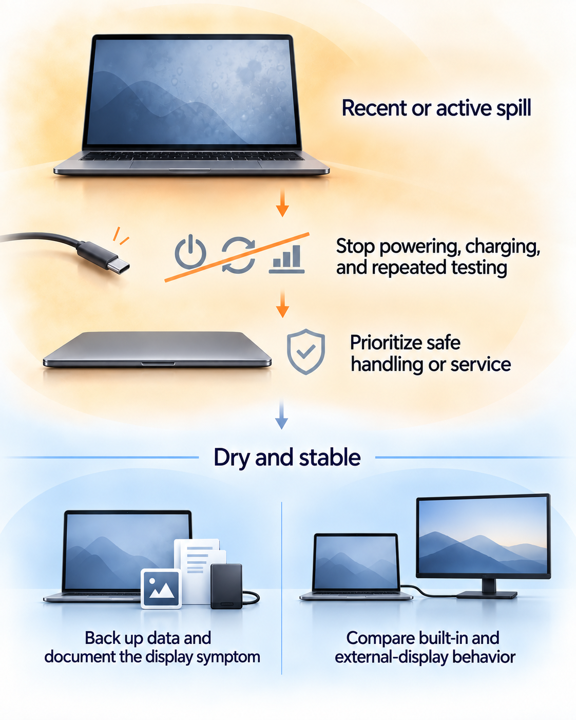 Decision flow separating a recent or active laptop liquid exposure from an older dry screen symptom