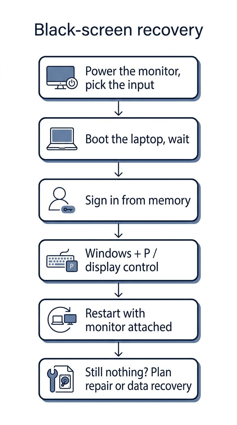 Decision flow for connecting an external monitor when a laptop screen is completely black
