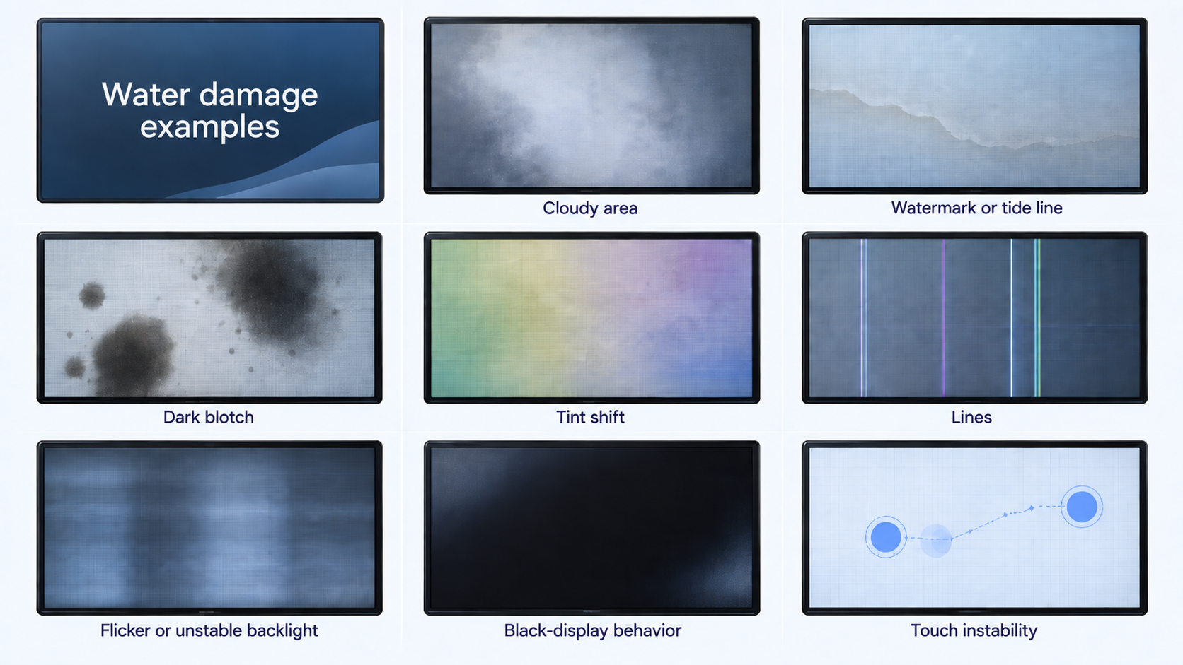 Annotated examples of possible screen patterns after liquid exposure, including fogging, a watermark, a dark blotch, discoloration, lines, flicker, black display behavior, and touch instability.