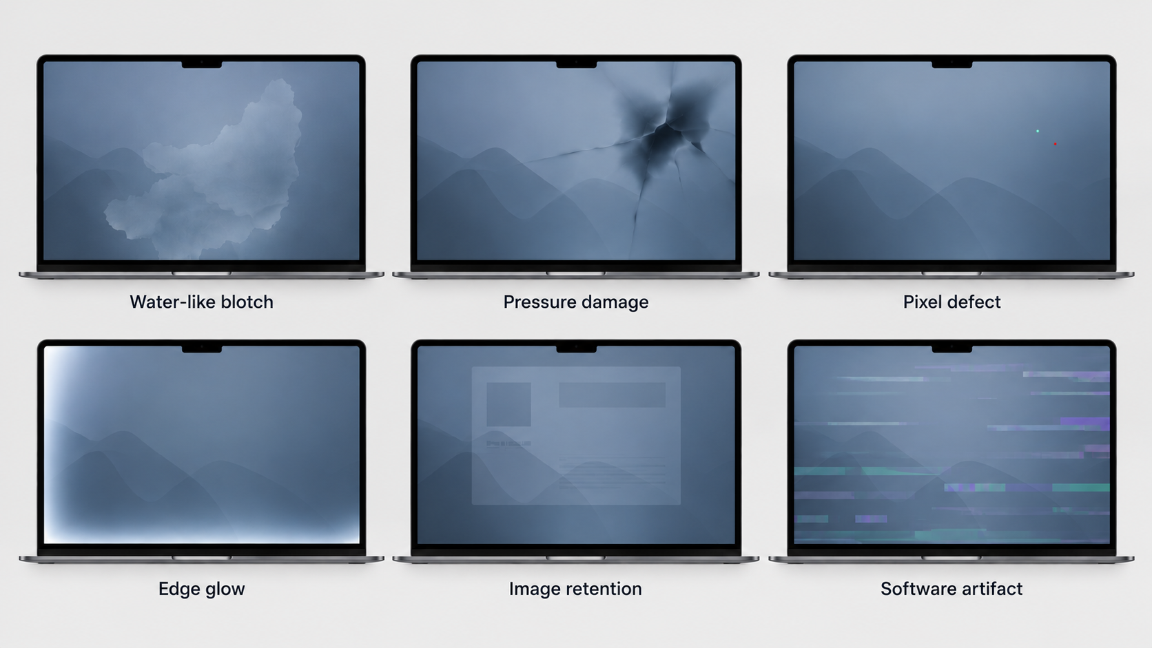 Diagnostic reference showing common MacBook display patterns that can follow possible liquid exposure