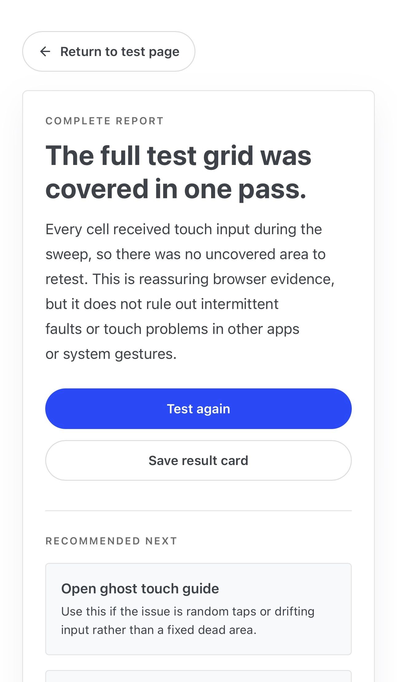 Touch screen test report showing the full grid covered in one pass with no uncovered area to retest.