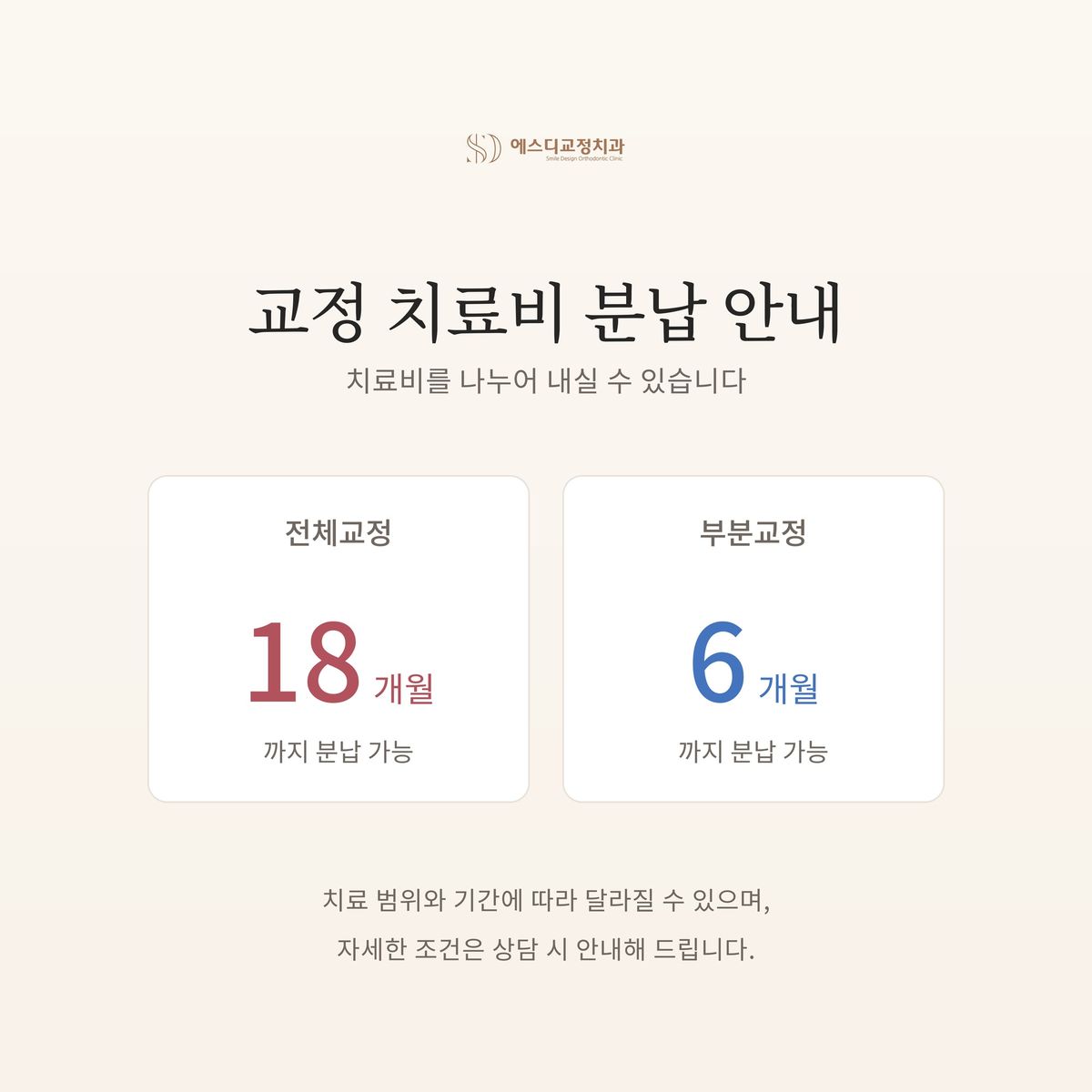 에스디교정치과 교정 치료비 분납 안내 이미지 — 전체교정 18개월, 부분교정 6개월까지 분납 가능