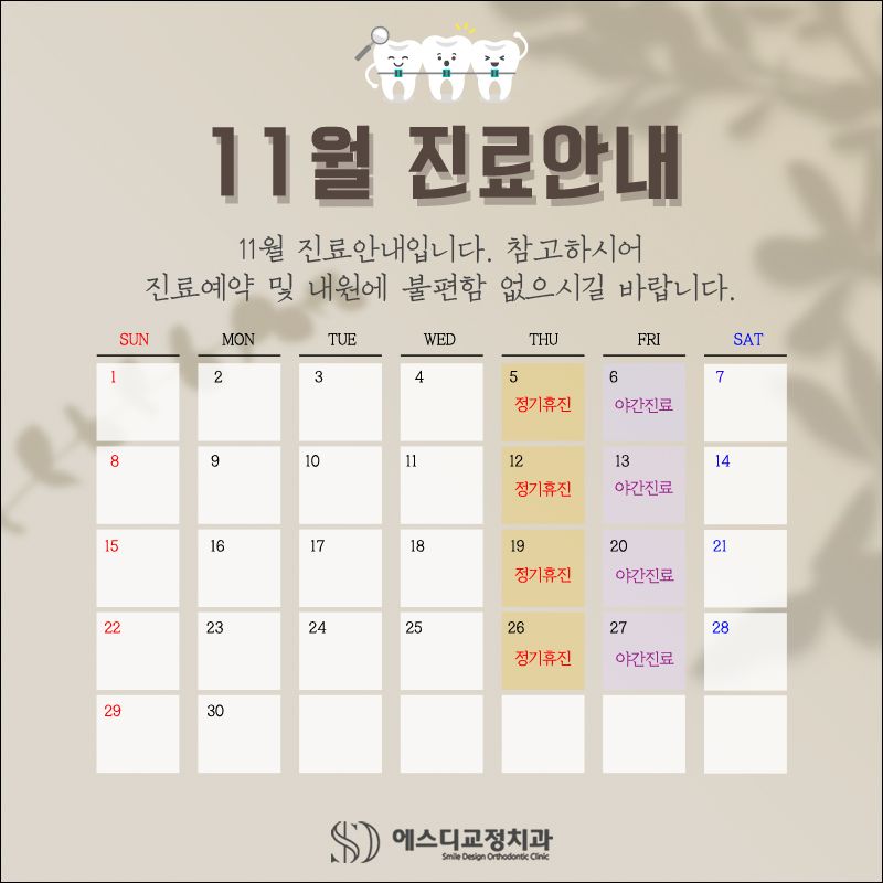 2020년 11월 에스디교정치과 진료 일정 안내 이미지
