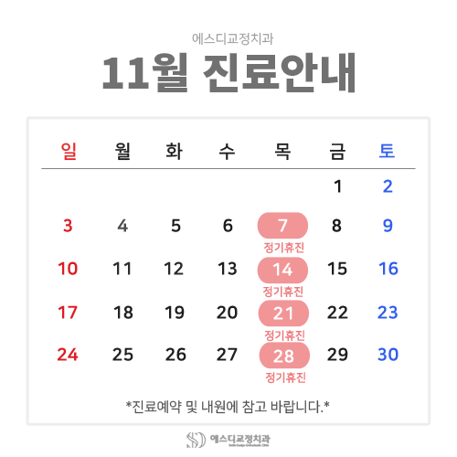 2024년 11월 에스디교정치과 진료 일정 안내 이미지