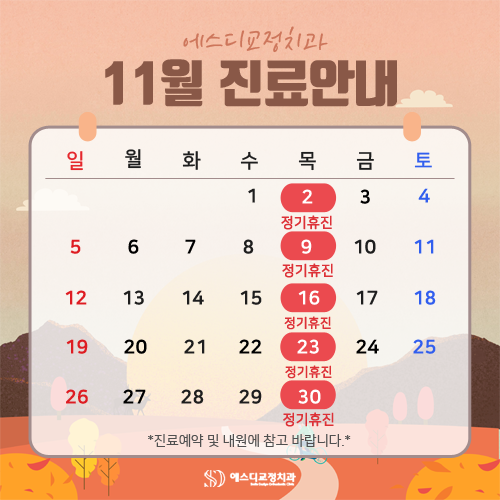 2023년 11월 에스디교정치과 진료 일정 안내 이미지