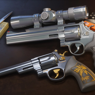 Personalized sidearms with detailed engravings for Jason's Girardi ES9 pistol and Lucia's Klose K17 pistol.