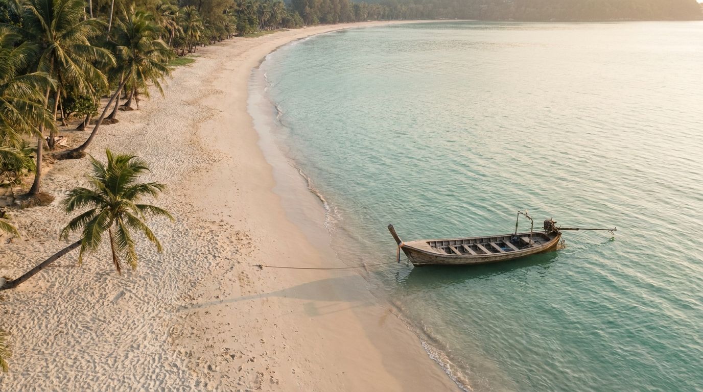 A long quiet stretch of white sand on Phuket's west coast at golden hour with limestone headlands and no people in sight