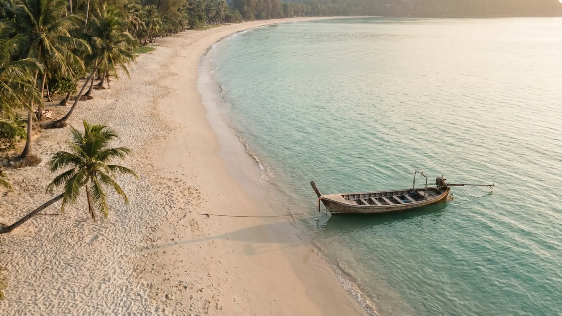 A long quiet stretch of white sand on Phuket's west coast at golden hour with limestone headlands and no people in sight