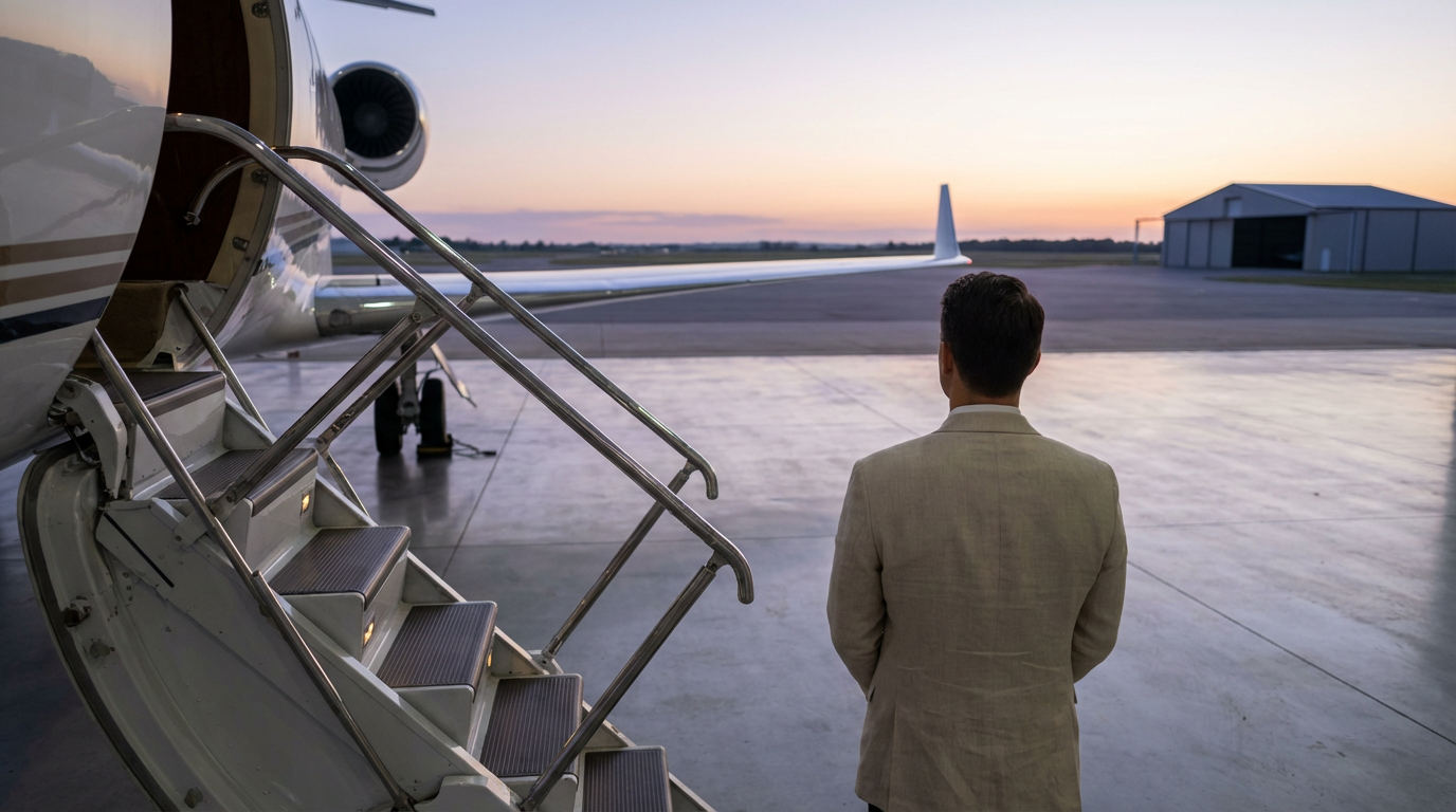 Private jet stairway at dawn on a quiet apron with a single linen-jacketed steward waiting