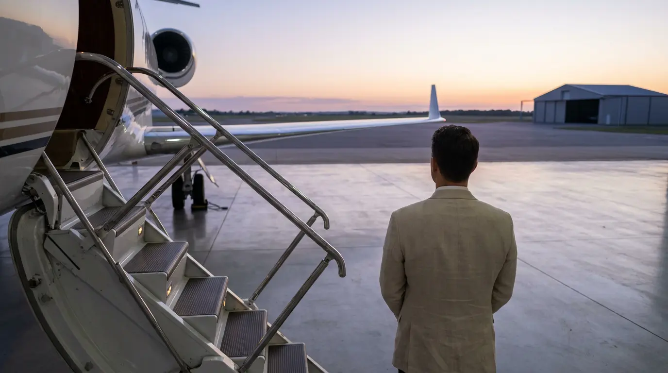 Private jet stairway at dawn on a quiet apron with a single linen-jacketed steward waiting