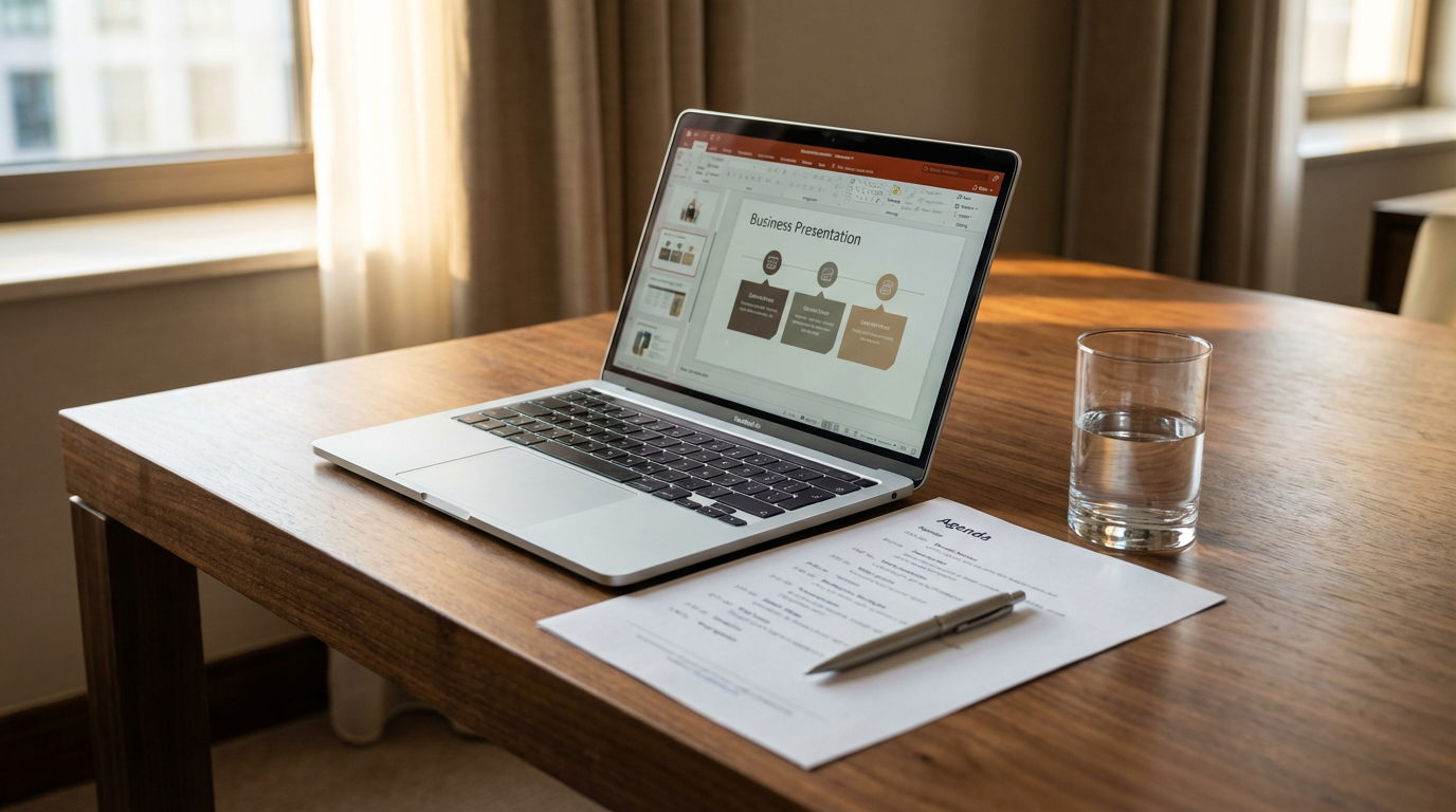 Single laptop and printed agenda on a clean walnut table with a glass of still water in soft daylight