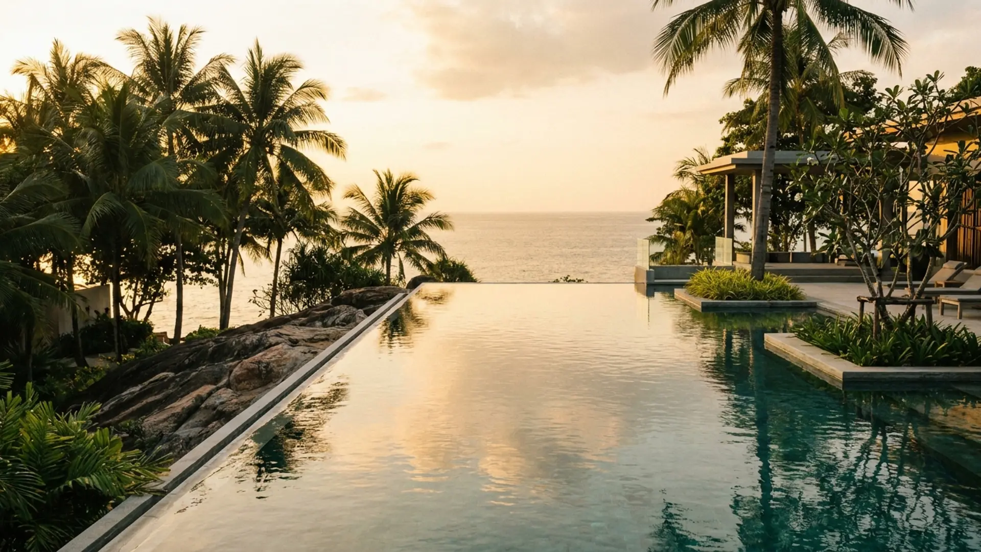 A long wooden villa table set with mineral water and notebooks overlooking the Andaman Sea at golden hour