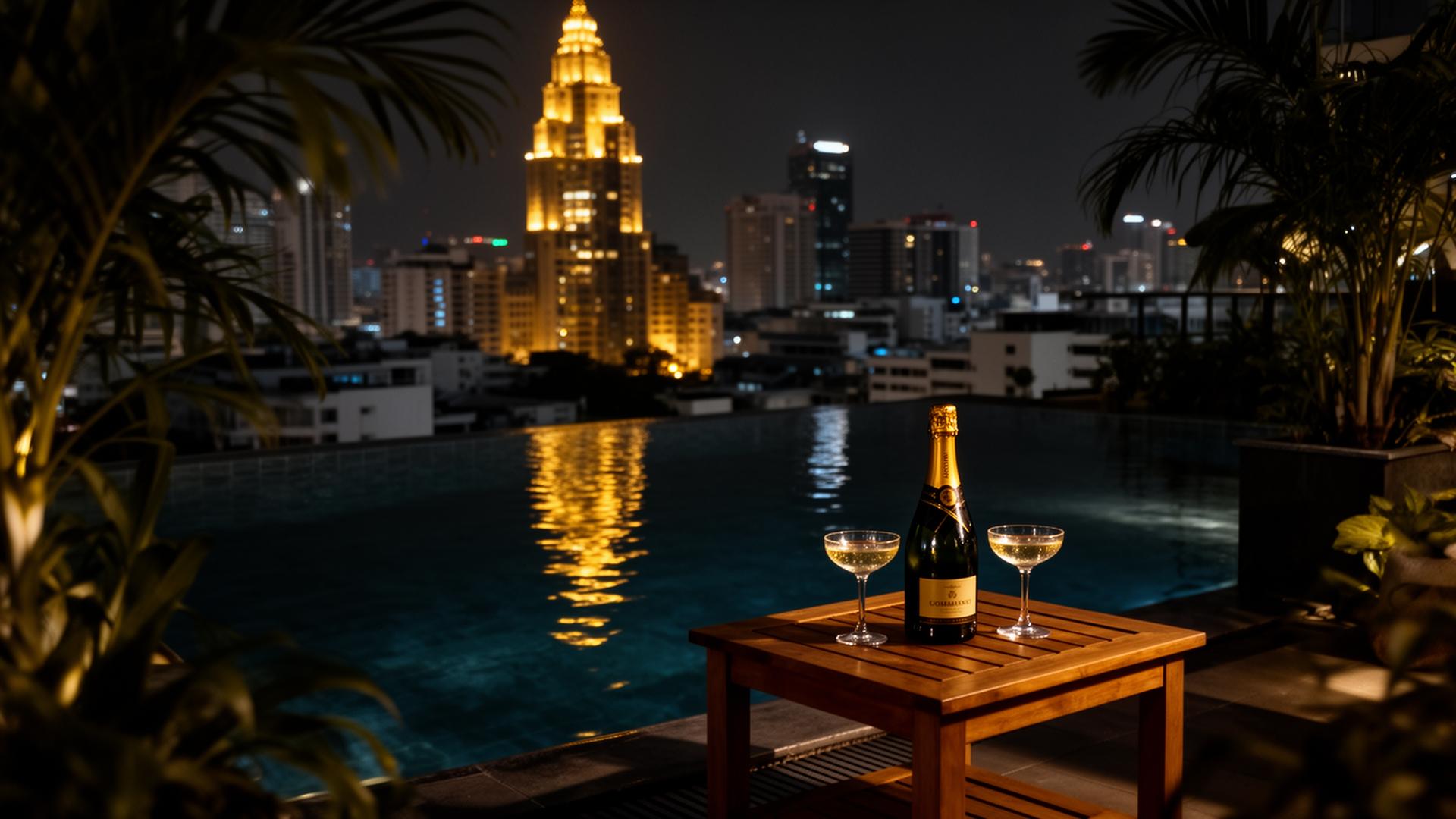 Private rooftop infinity pool overlooking the Chao Phraya river at dusk