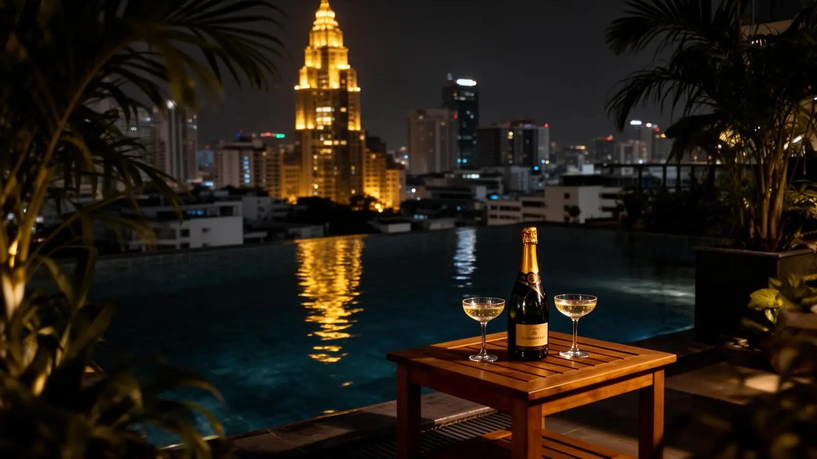 Private rooftop infinity pool overlooking the Chao Phraya river at dusk