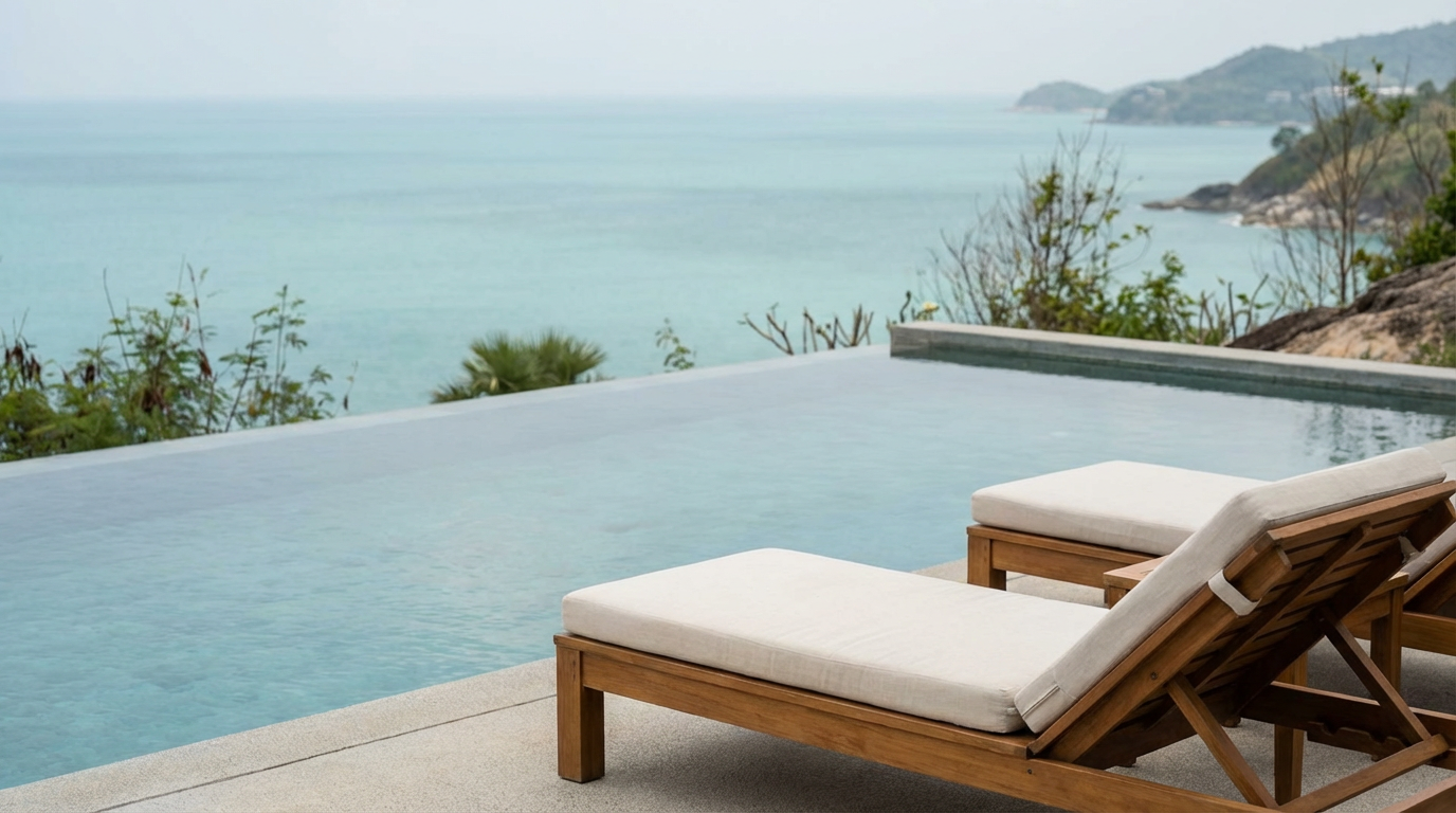 A Phuket headland villa pool with two empty daybeds facing the open Andaman, no people in frame